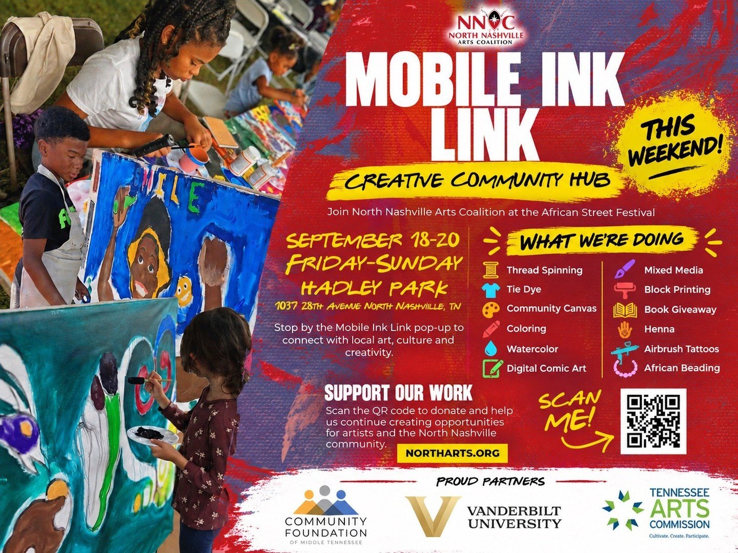 We&rsquo;re bringing the creativity to Hadley Park all weekend long! 🎨🙌🏾

Stop by the North Nashville Arts Coalition&rsquo;s Mobile Ink Link Creative Community Hub during the African Street Festival, September 18&ndash;20, and get hands-on with ar