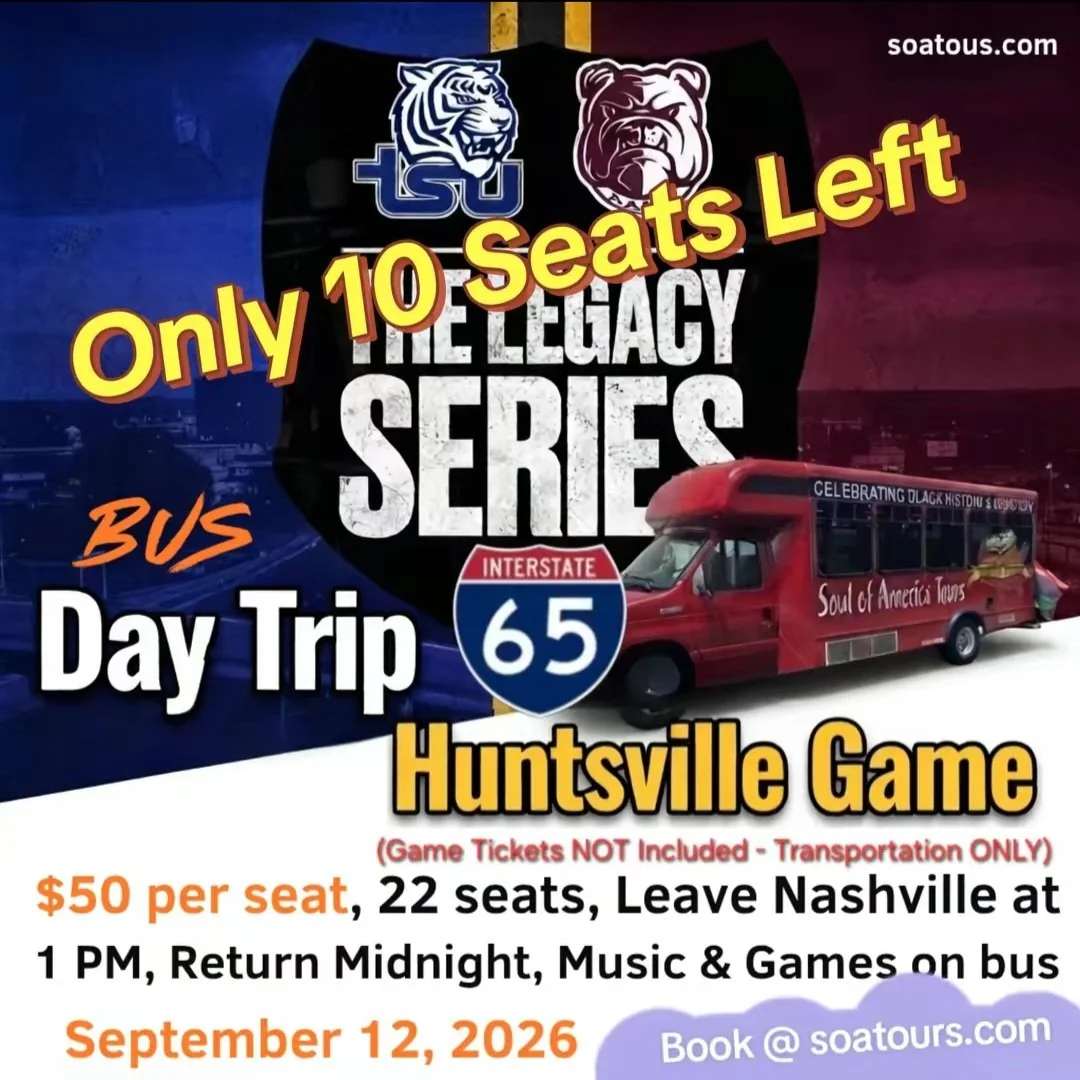 Showing some love to our friends at Soul of America Tours! 🚌🏈

They&rsquo;re headed to Huntsville this Saturday, September 12, for the TSU game, and there are only 10 seats left for the bus trip from Nashville.

For $50 per seat, enjoy round-trip t