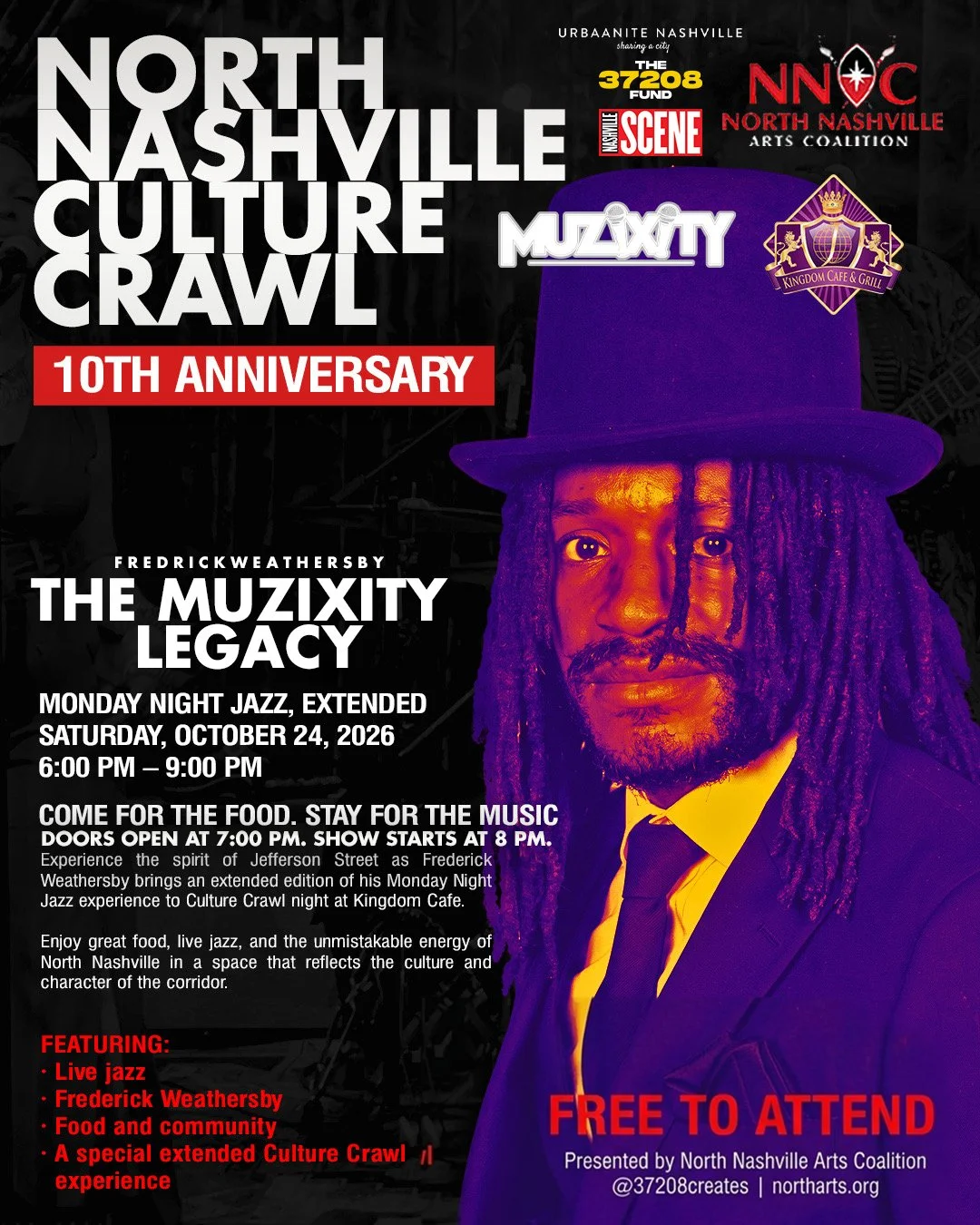 Come for the food. Stay for the music! 🎷

Make Kingdom Caf&eacute; &amp; Grill a stop during the 10th Anniversary North Nashville Culture Crawl!

Join Fredrick Weathersby and The MUZIXITY Legacy for a special Saturday edition of Monday Night Jazz, b