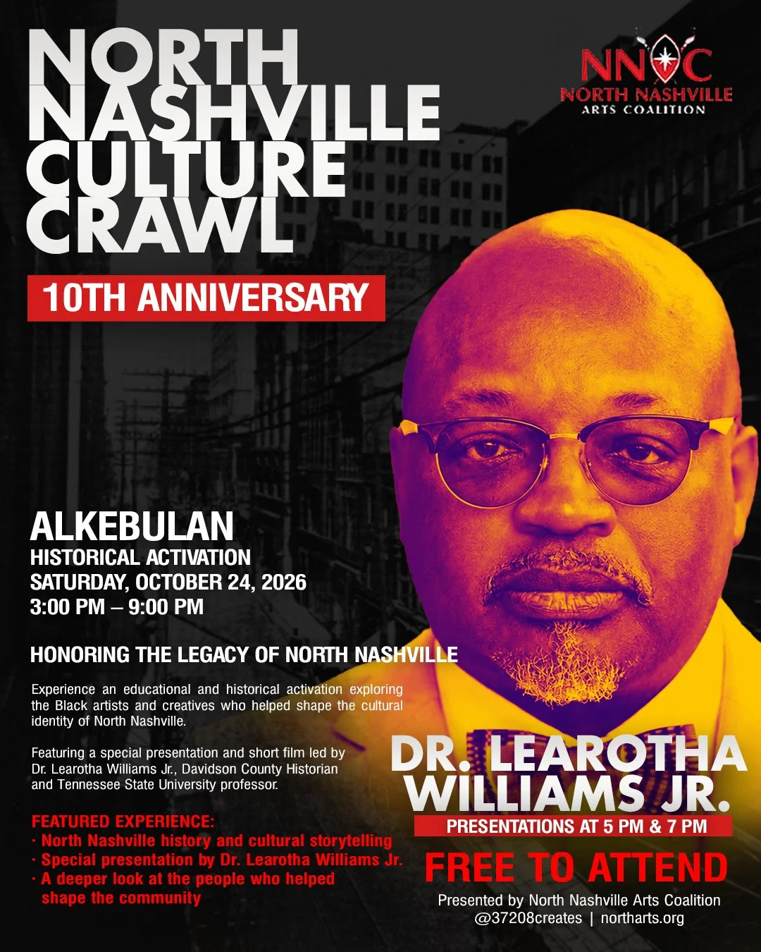 North Nashville has a story worth telling, and we're celebrating the people who helped write it!

As part of the 10th Anniversary North Nashville Culture Crawl, join us at Alkebulan for a special historical experience honoring the Black artists, crea