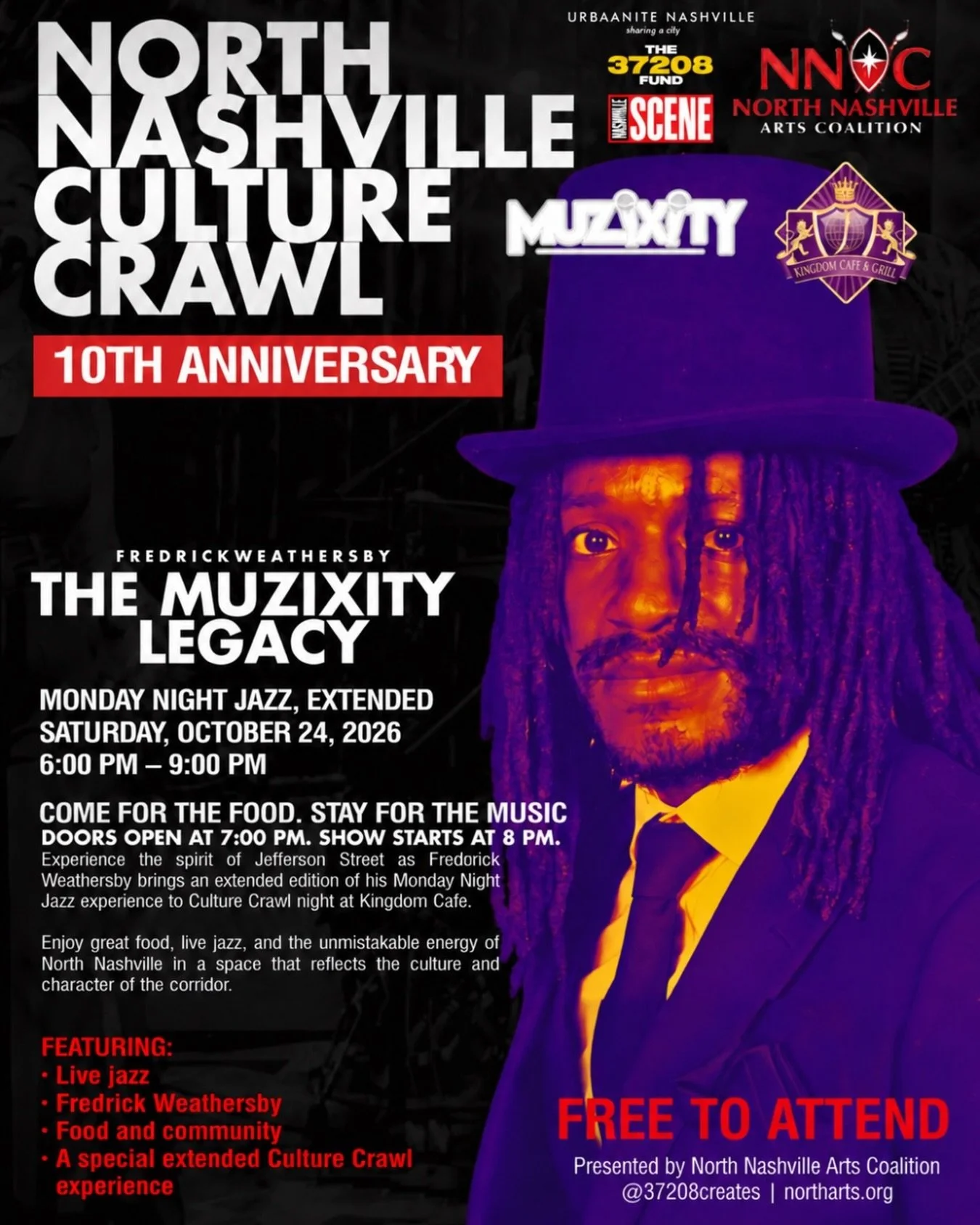 Come for the food. Stay for the music! 🎷

Make Kingdom Caf&eacute; &amp; Grill a stop during the 10th Anniversary North Nashville Culture Crawl!

Join Fredrick Weathersby and The MUZIXITY Legacy for a special Saturday edition of Monday Night Jazz, b