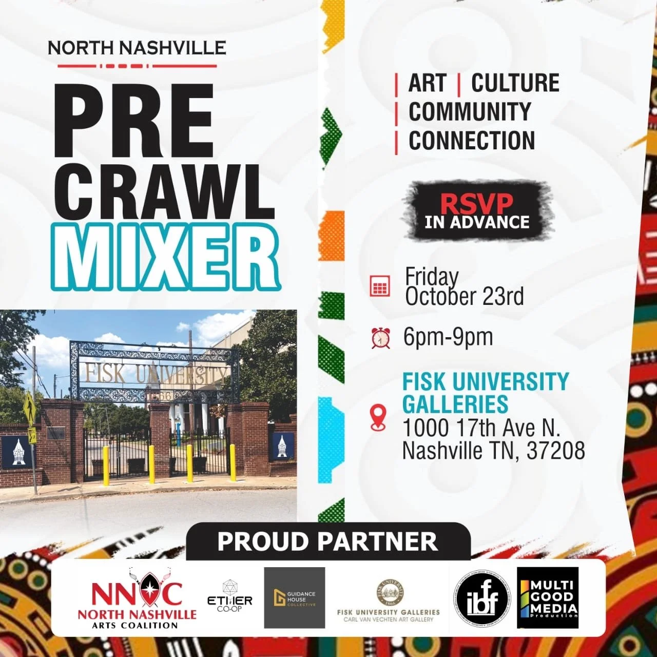 The 2-for-1 Pre Crawl Mixer deal ends tomorrow, October 15!

Grab your tickets now and bring someone with you as we kick off the 10th Anniversary North Nashville Culture Crawl weekend with an evening of art, culture, community and connection at Fisk 