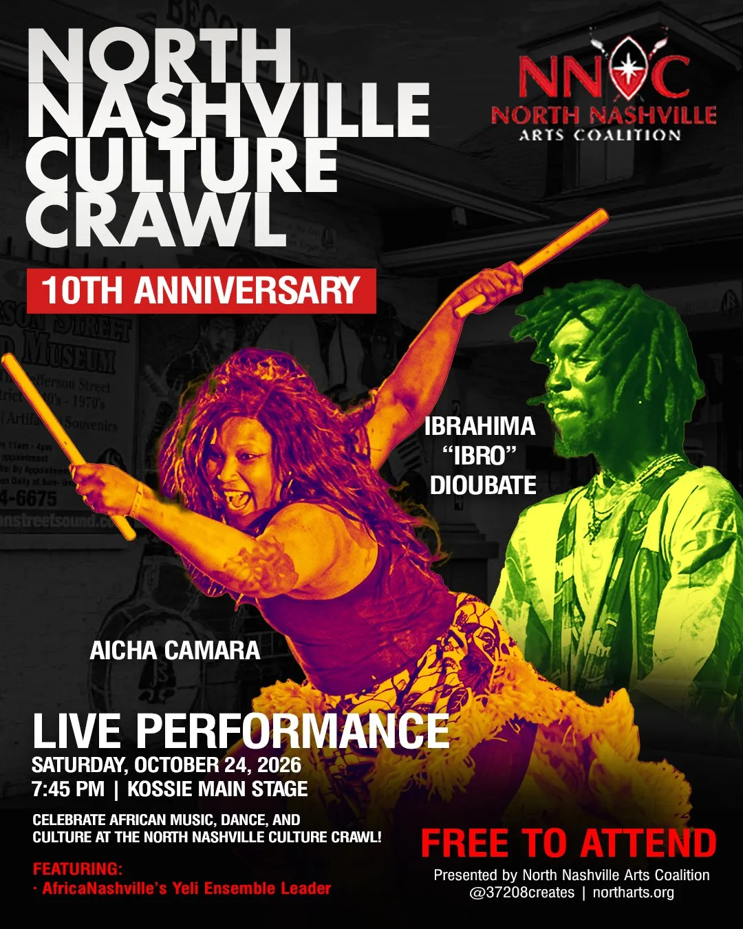 Get ready for an incredible celebration of African music, dance, and culture at the North Nashville Culture Crawl this Saturday! 🥁🔥

Join us as we welcome Aicha Camara and Ibrahima &ldquo;Ibro&rdquo; Dioubate, leader of AfricaNashville&rsquo;s Yeli
