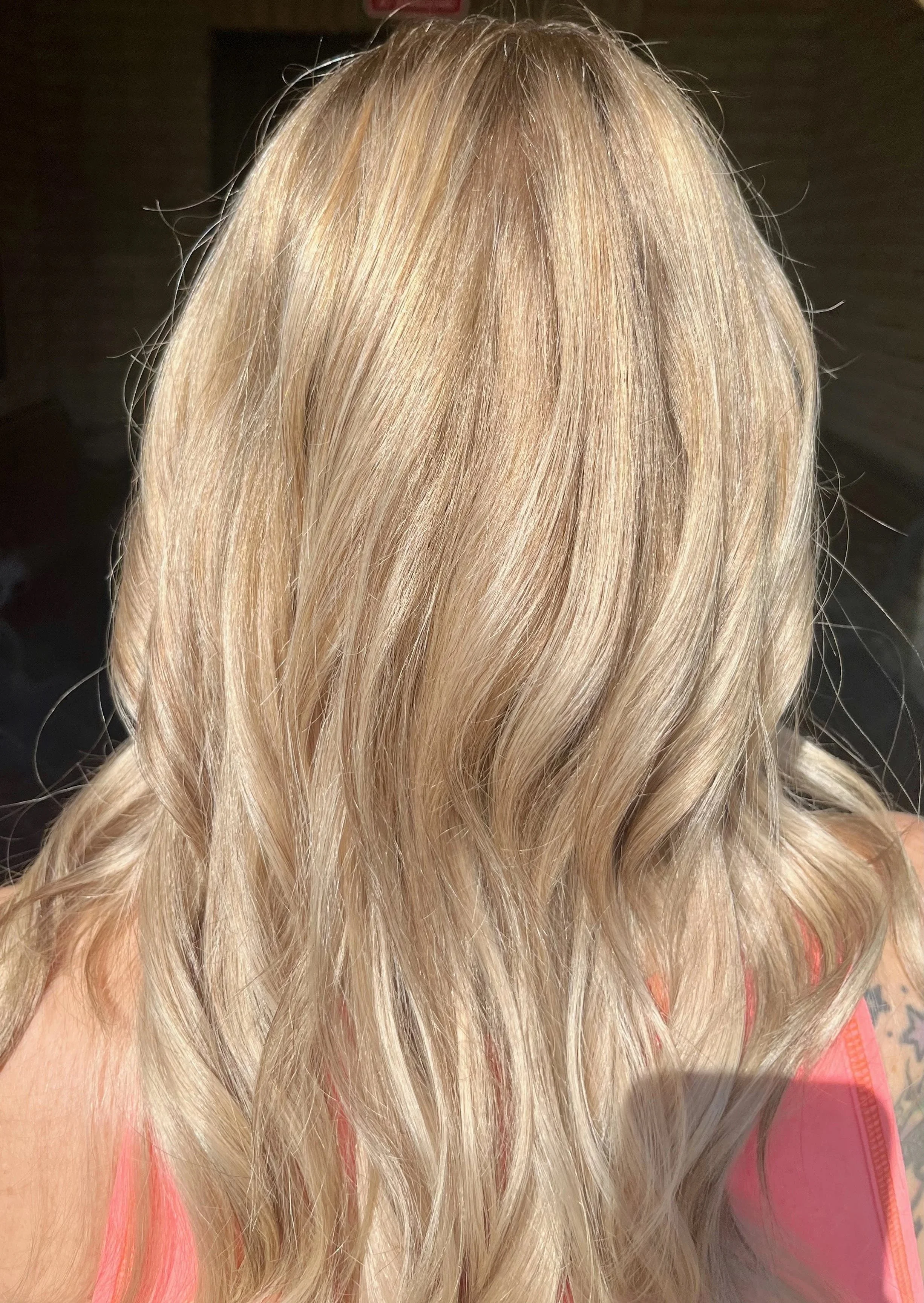 Back view of a person with long, wavy blonde hair.