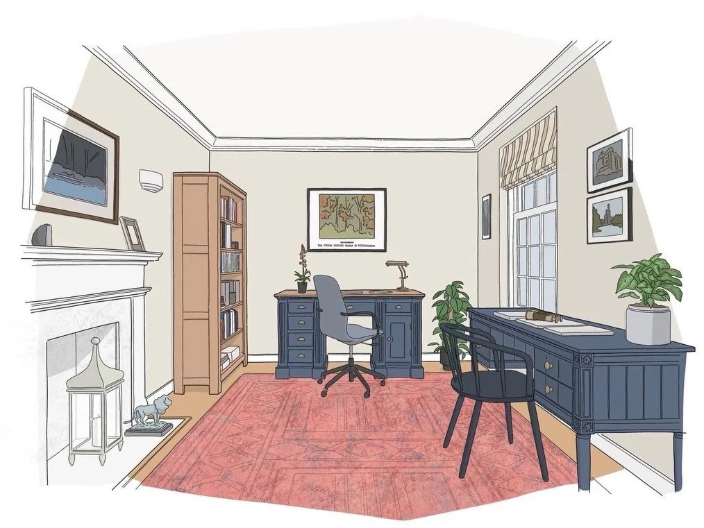 Start with the thinking, not the finished room.
⠀⠀⠀⠀⠀⠀⠀⠀⠀
As part of the process of designing this scheme, I commissioned Katherine Dauncey to create this beautiful illustration. It&rsquo;s a way of communicating the design clearly to the client, res