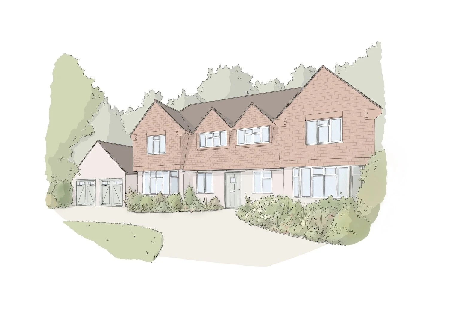 A house renovation being overseen by Laura in Surrey. Illustration of a two-story house with a brick facade, multiple windows, attached garage, surrounded by greenery and trees.