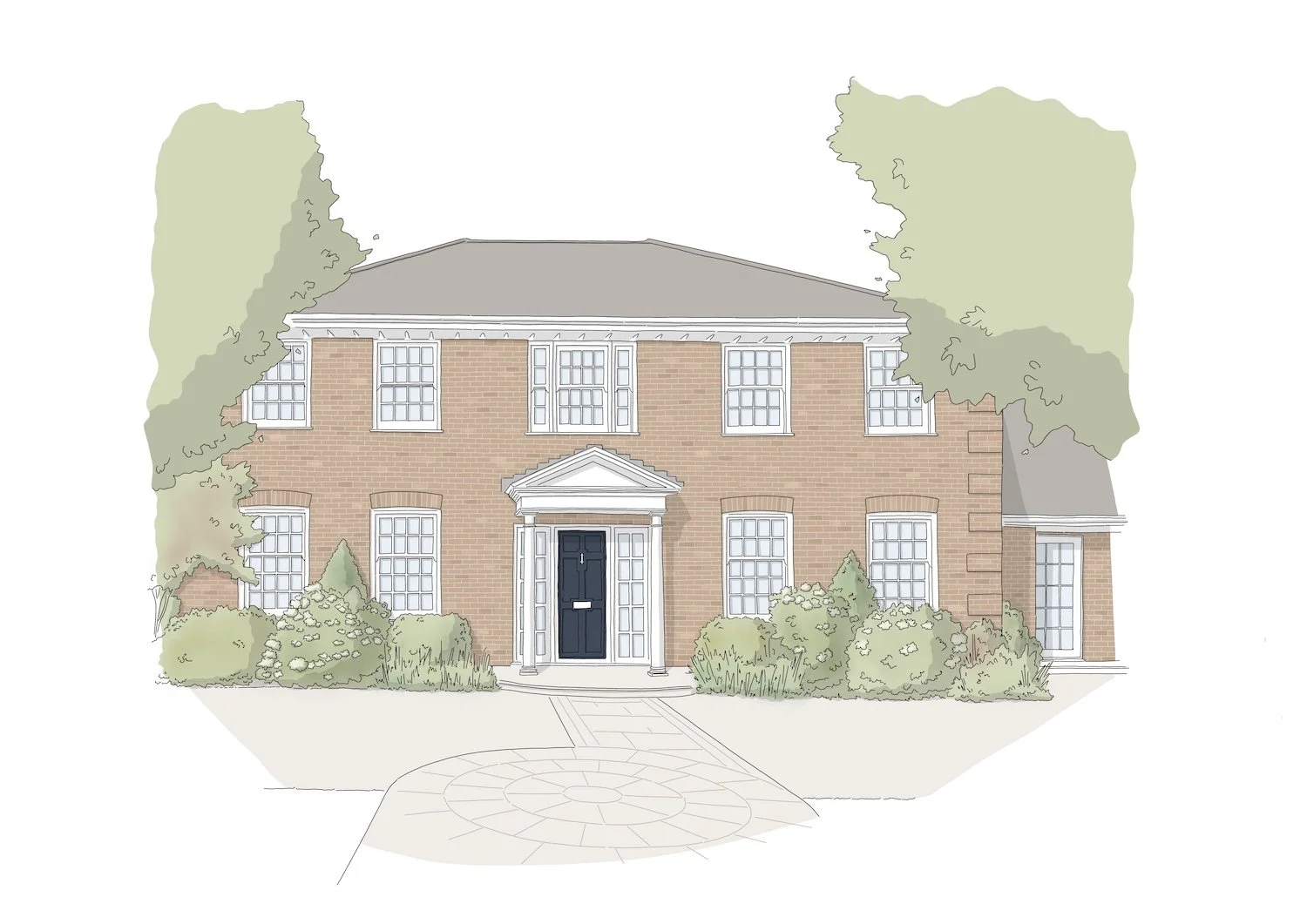 Illustration of an interior design project that is underway. It is a two-story brick house with white trim, a black front door, multiple windows, surrounded by bushes and trees, with a circular paved walkway leading to the entrance.