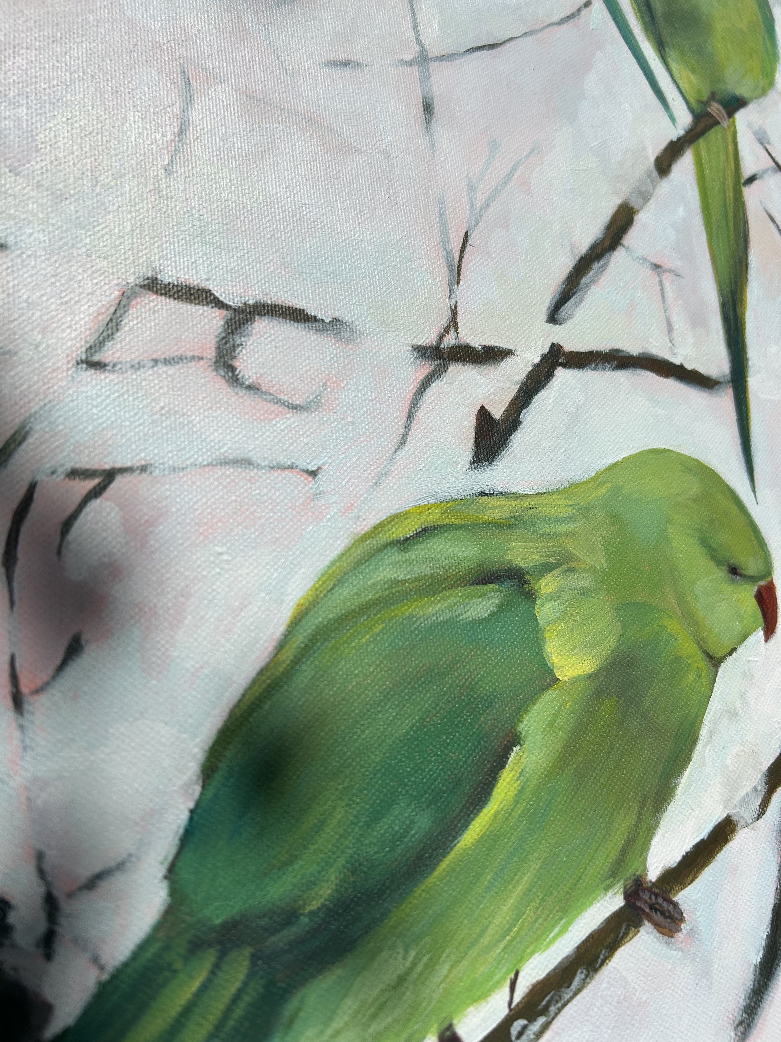 Palm Green on Ice, 2026 - acrylic on canvas, 90 × 80 cm, by Jamaican-Dutch artist Karla King. Part of the Between the Margins series exploring migration and belonging in the Netherlands.