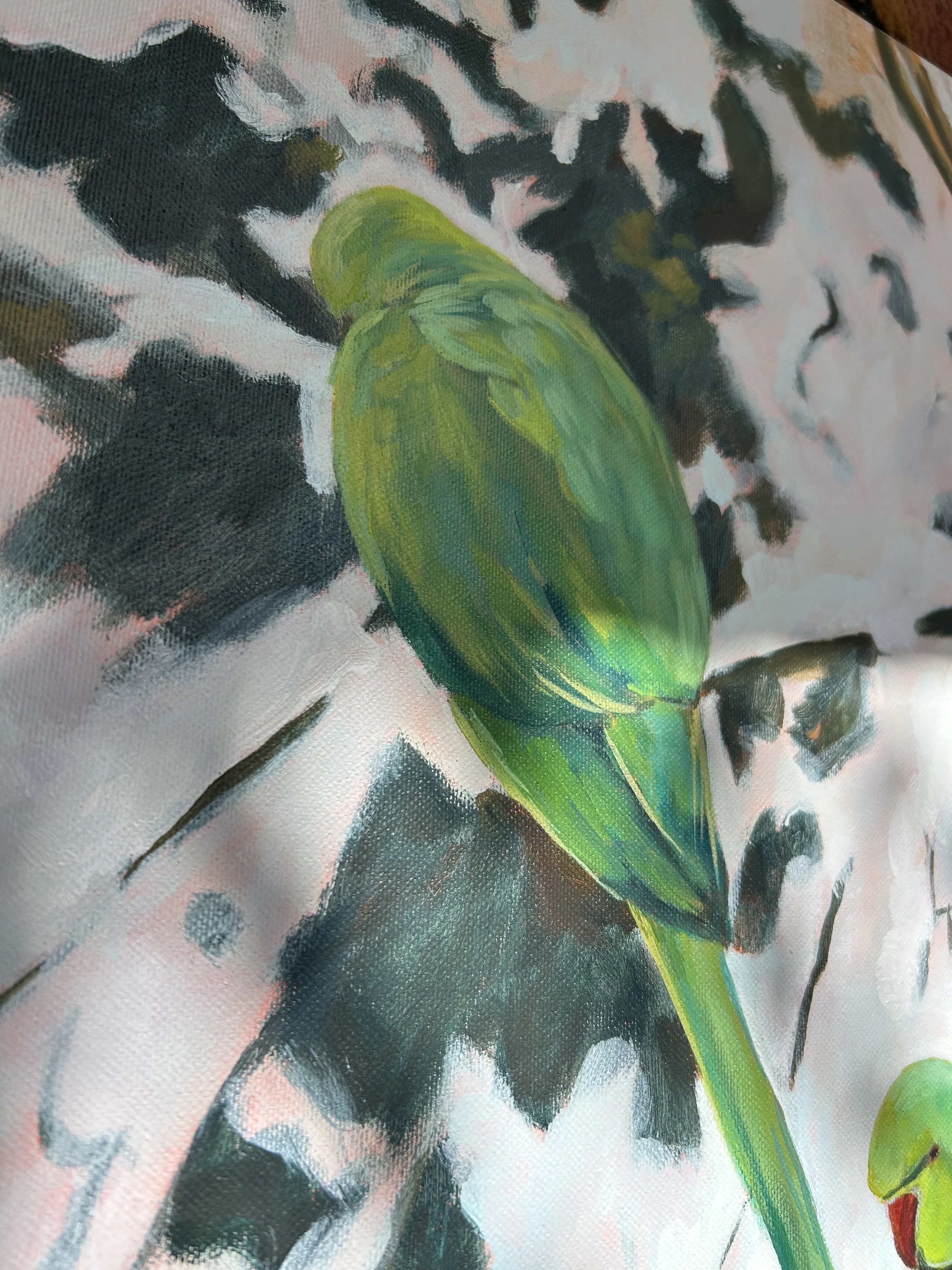 Palm Green on Ice, 2026 - acrylic on canvas, 90 × 80 cm, by Jamaican-Dutch artist Karla King. Part of the Between the Margins series exploring migration and belonging in the Netherlands.