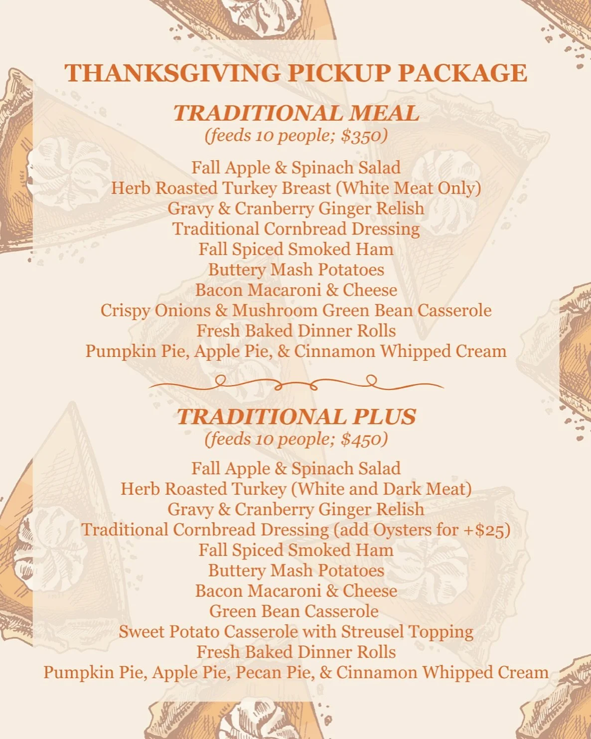 Skip the kitchen chaos this Thanksgiving! Let us handle the cooking so you can enjoy more time, more memories, and of course&mdash;more pie.🥧 Quantities are limited &amp; pickup is on November 26 with simple heating instructions. Tap the link in our