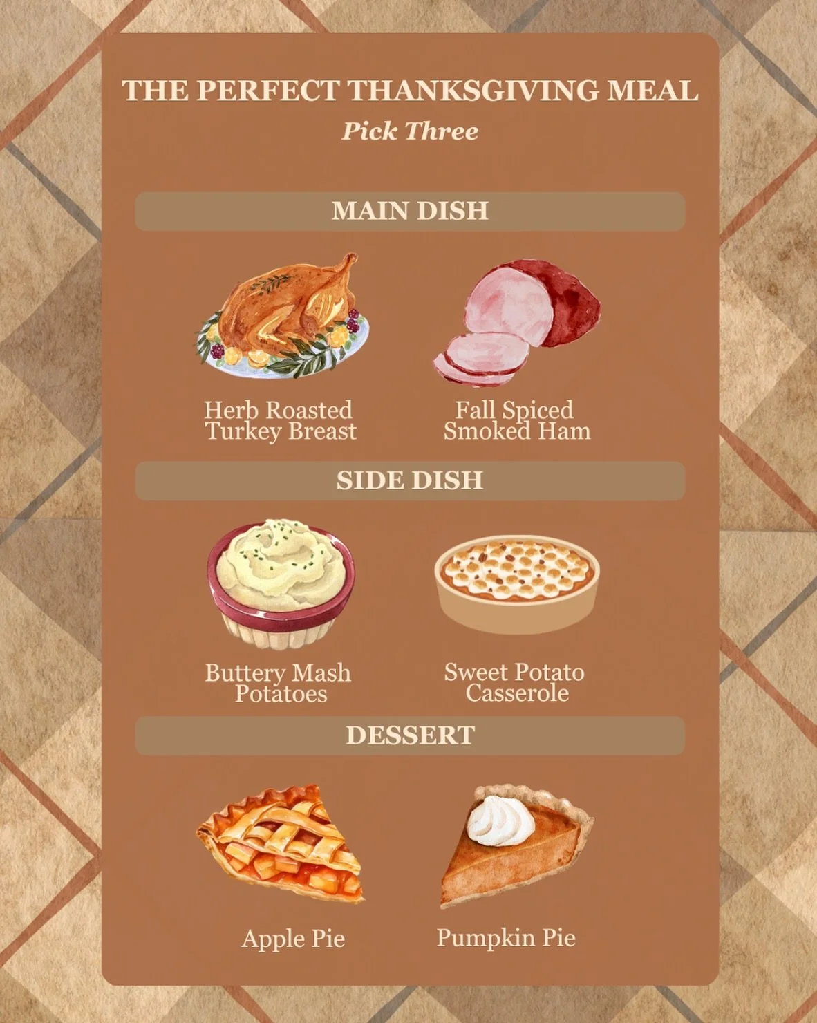 Herb roasted turkey or fall spiced smoked ham? 🍗 Buttery mash potatoes or sweet potato casserole? 🥔 With our Thanksgiving pickup packages, you don&rsquo;t have to choose 😉 Available for pre-order with pickup is on November 26. Orders are only conf