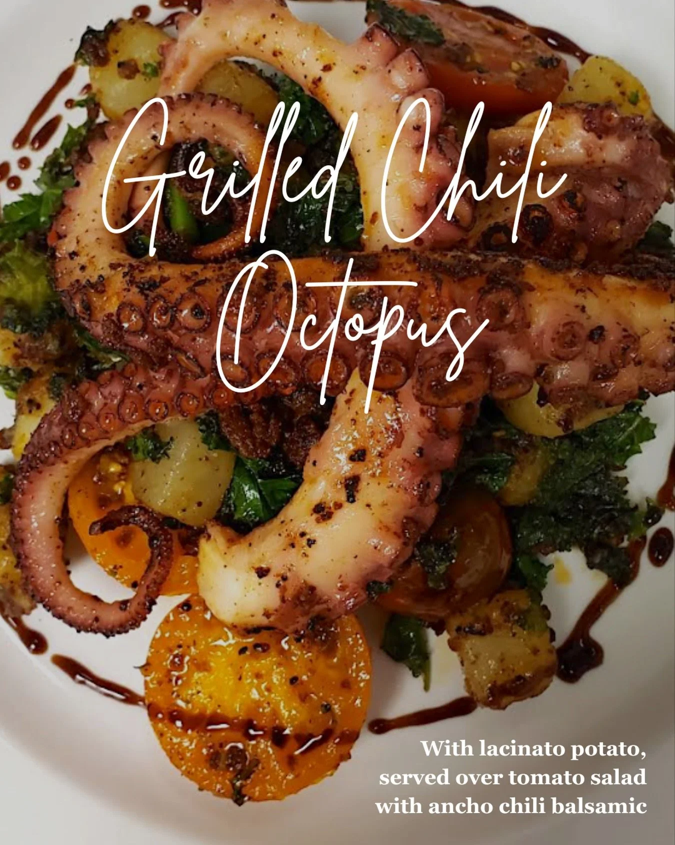 Looking for a non-traditional holiday meal this year? Here&rsquo;s an idea! 💡🎄🍴From coast to Christmas table, celebrate with a seafood feast. 🦑 Think: grilled chili octopus with lacinato potato, served over tomato salad with ancho chili balsamic!