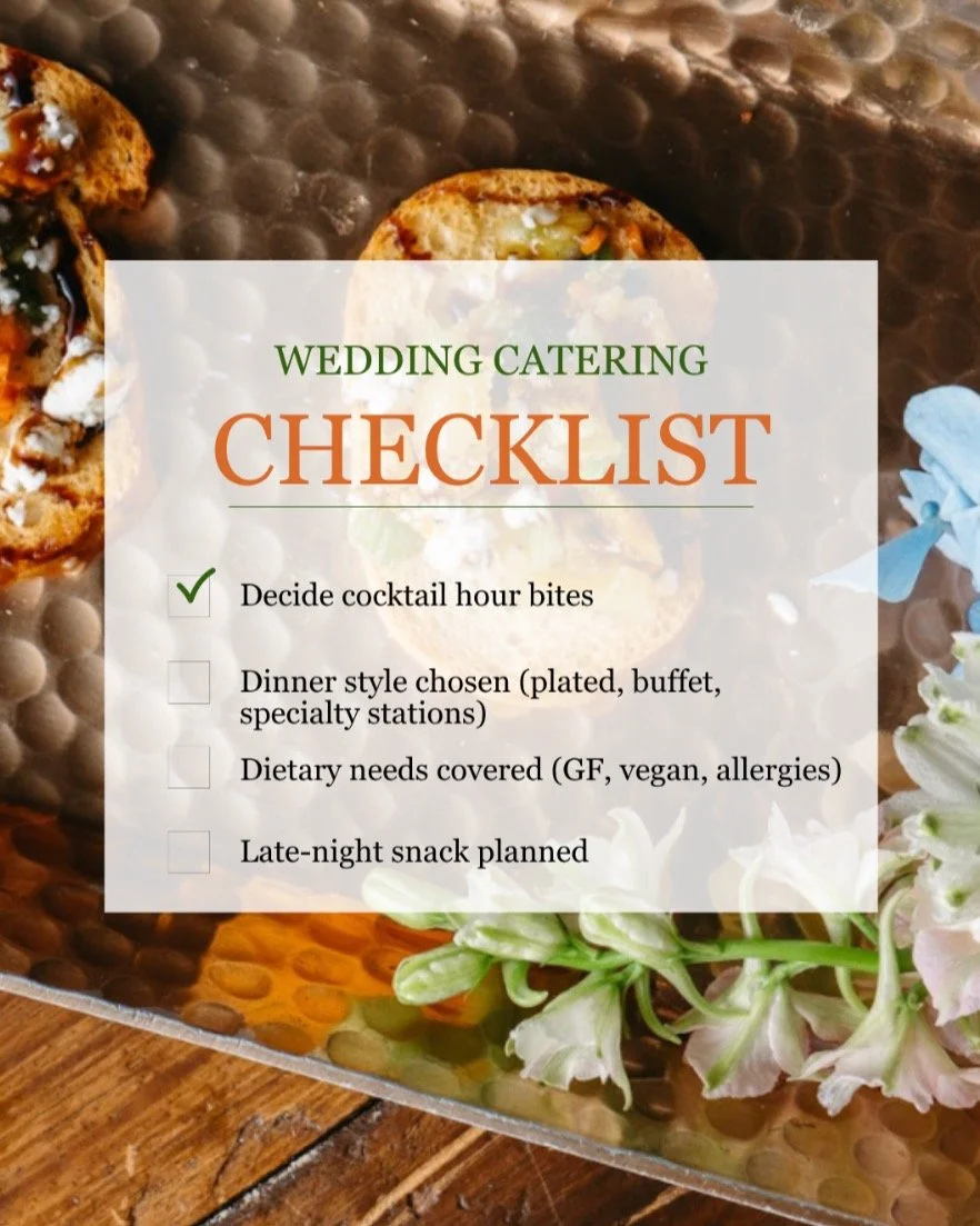 Cocktail hour bites? Check! ✔ From dietary needs to late night snacks, we're here to help create your dream wedding menu! Looking to have your wedding catered by our team? Click the link in our bio for information