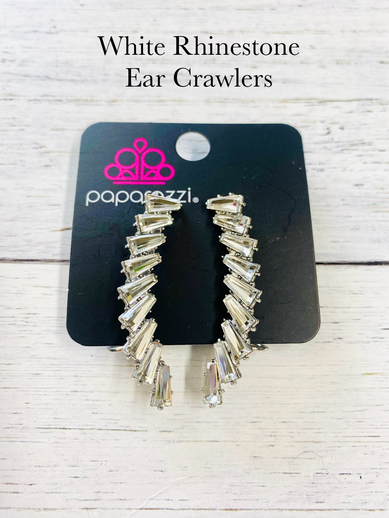 Silver/White Rhinestone Ear Crawler Earrings