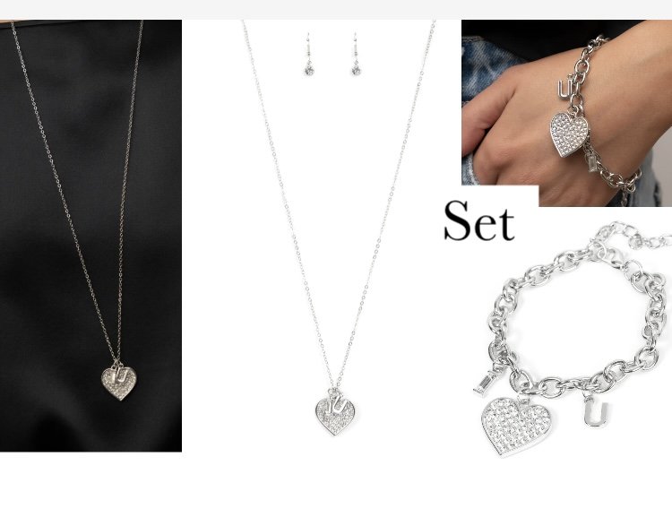 Silver/White Rhinestone Heart SET
