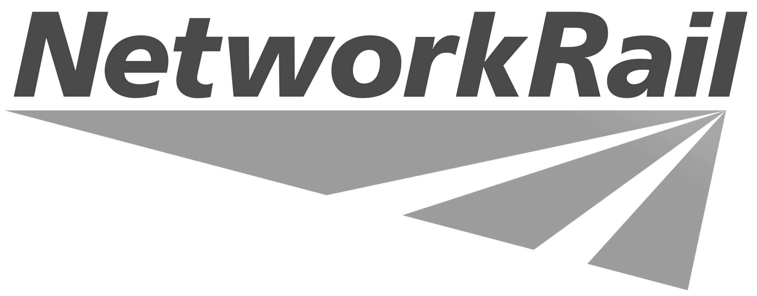 Logo with the text Network Rail in black, and a stylized geometric design of train tracks and a train in shades of gray.