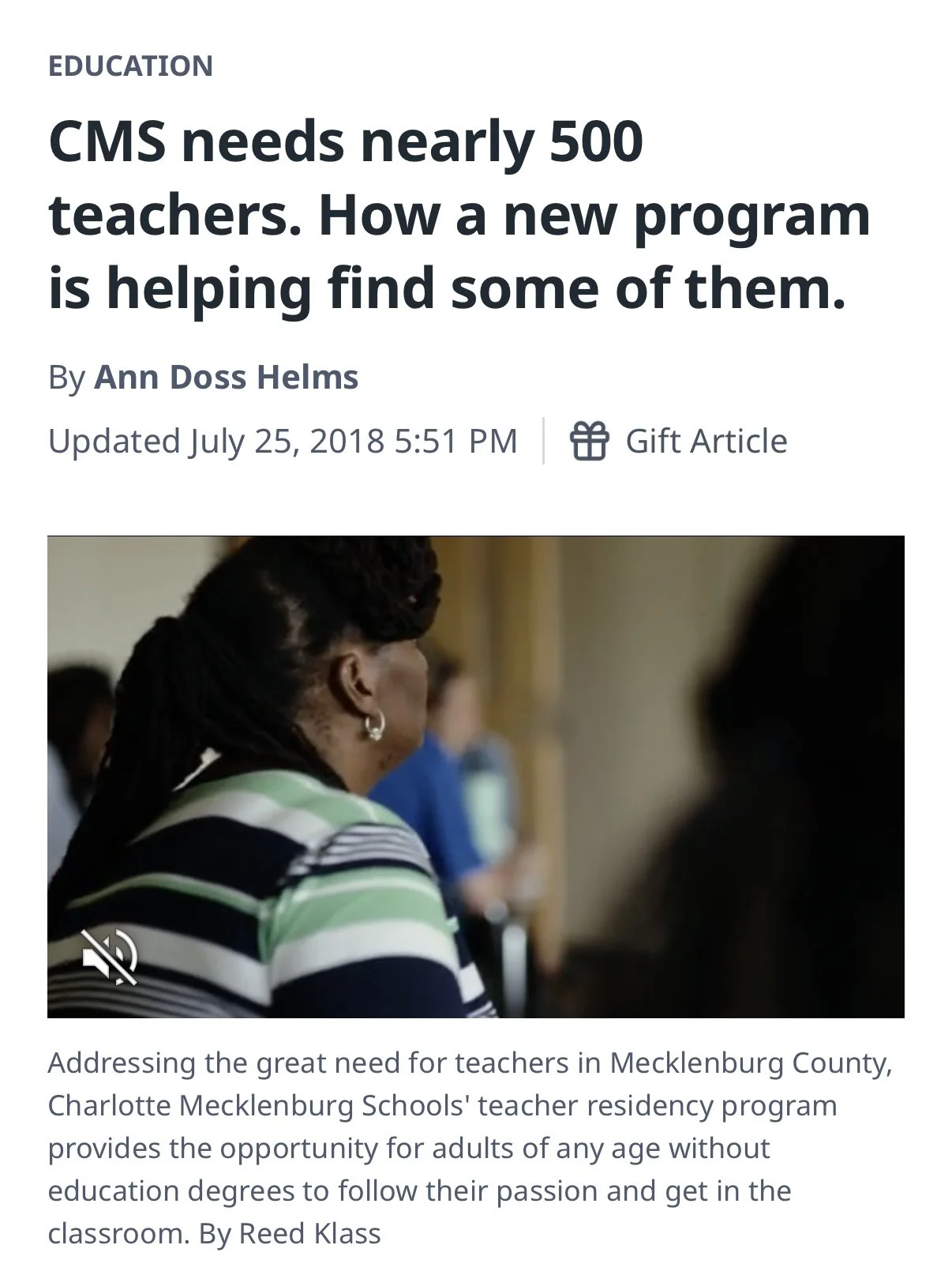 Article on the CMS Teacher Residency Program which I created training modules for with TNTP.
