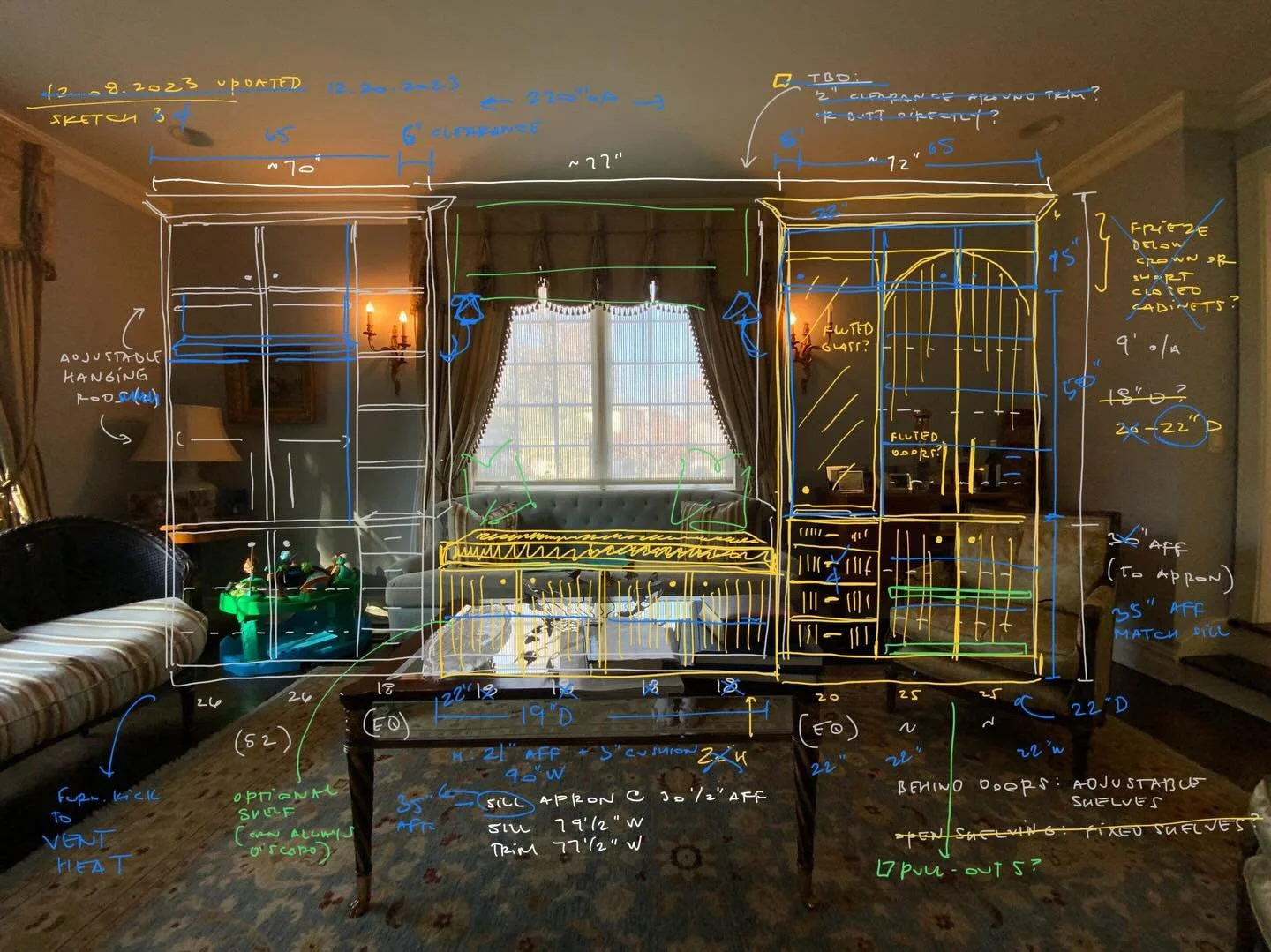 From sketch to finished room. The best designs look effortless in the end, but every custom built-in we design is the result of careful listening, thoughtful problem-solving, and an iterative process of sketching, revision, and refinement until form 