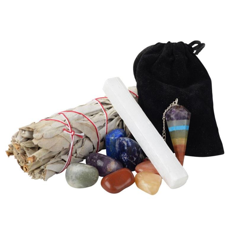 SEVEN CHAKRA SMUDGE KIT With Sage, Selenite, Seven Chakra Pendant, and Seven Chakra Stone Set