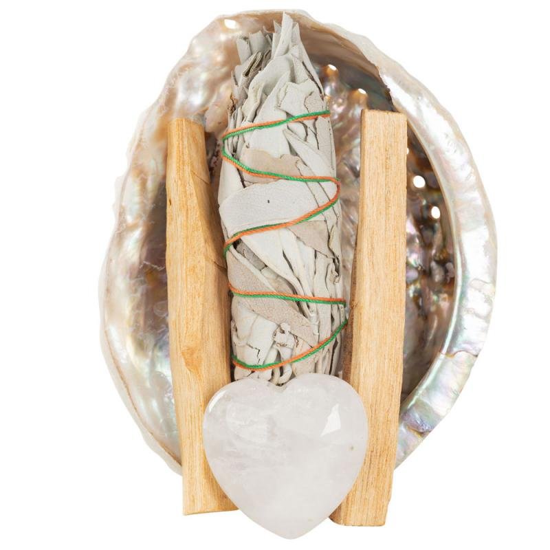 HEART CLEANSING SMUDGE KIT With Abalone Shell, Sage, Clear Quartz, and Palo Santo