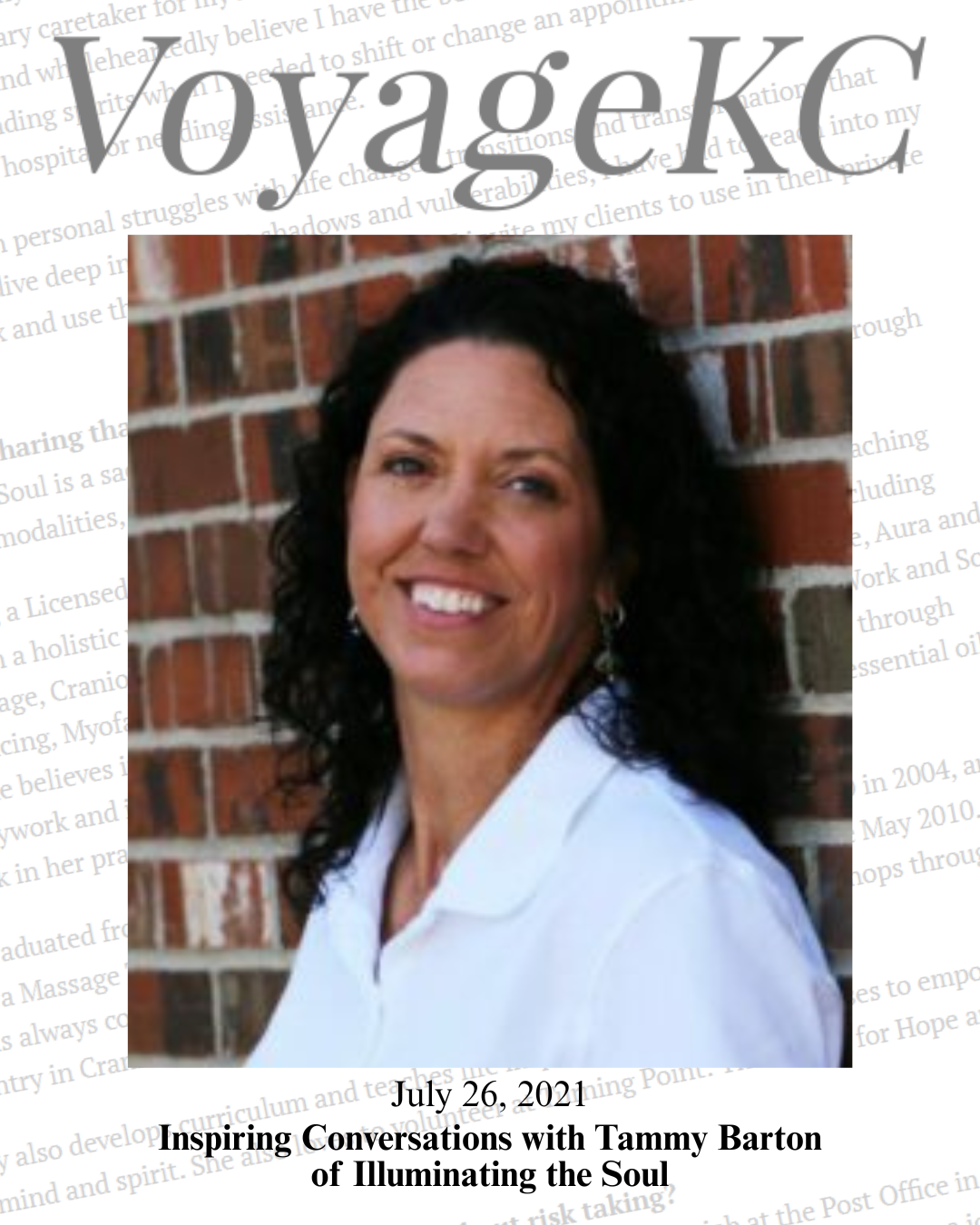 A promotional flyer featuring a woman with dark curly hair smiling against a brick wall. The flyer includes the event date, July 26, 2021, and the title 'Inspiring Conversations with Tammy Barton of Illuminating the Soul.'