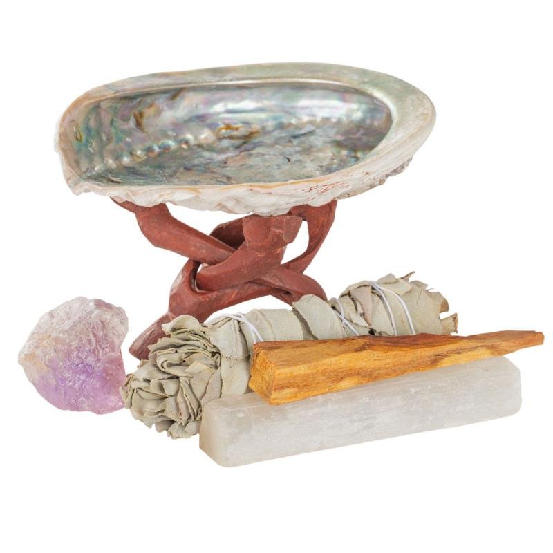 POSITIVITY CRYSTAL KIT With Abalone Shell and Stand, Sage, Palo Santo, Selenite and Amethyst Druzy