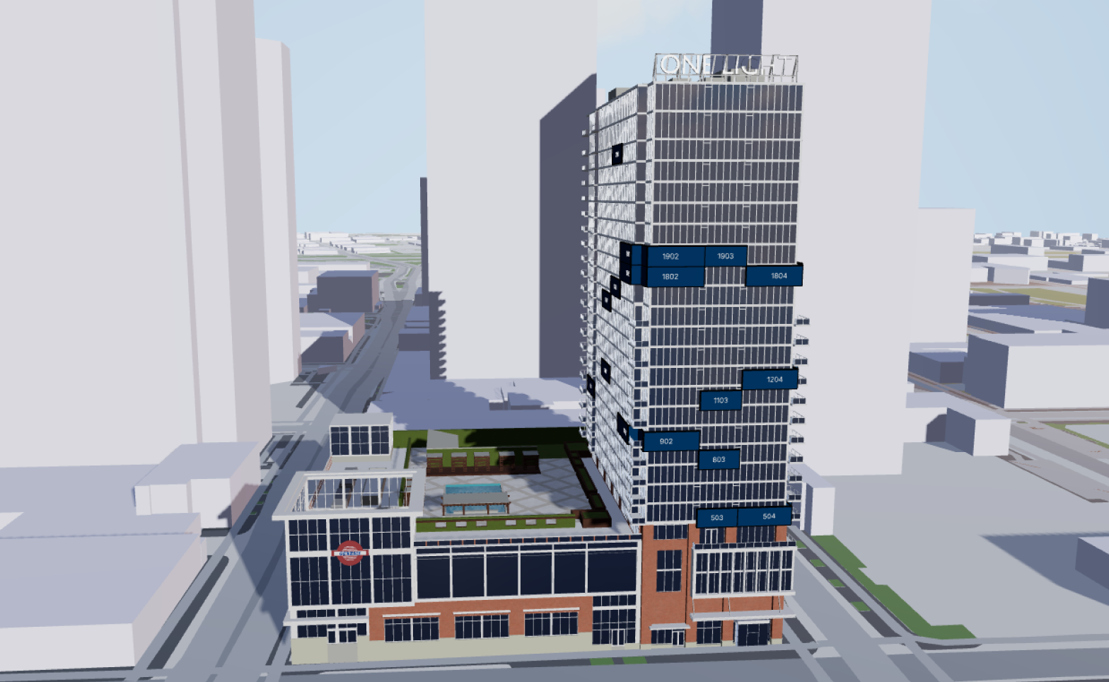 A 3D digital rendering of a modern high-rise building with labeled floors, a rooftop garden, and a surrounding cityscape with other buildings and streets.