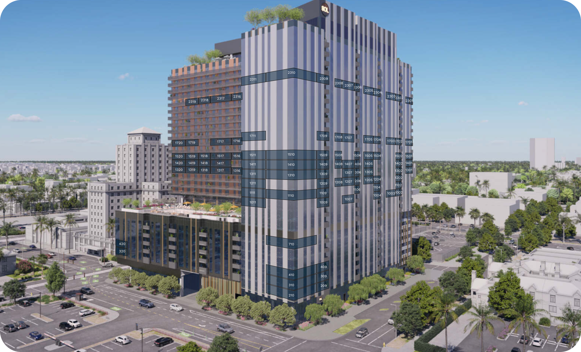 A tall modern skyscraper in an urban area with greenery—marked with numbered labels indicating different sections and levels of the building.