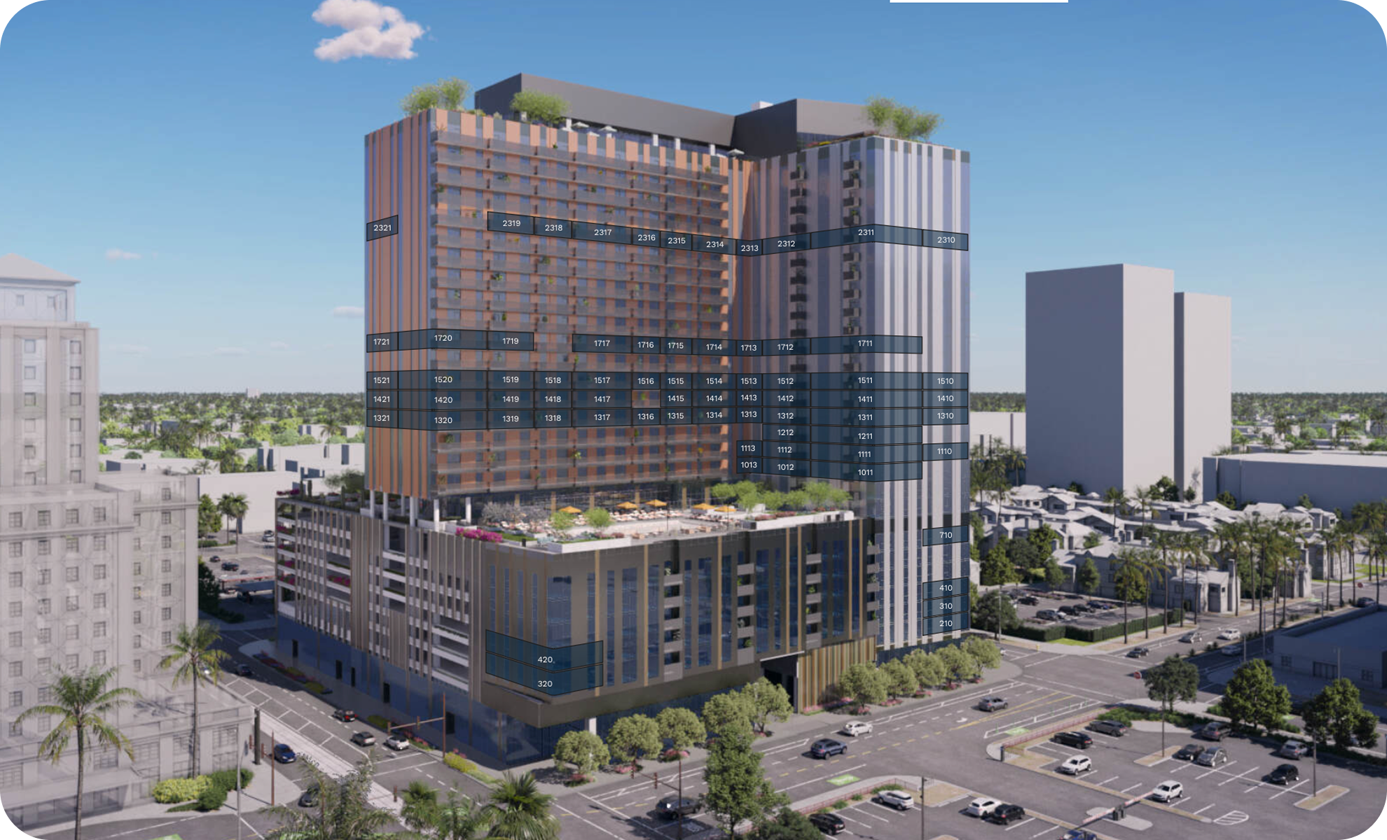 A tall modern high-rise building with a detailed facade featuring brown, blue, and gray panels. The building has marked windows with numbers, a rooftop garden, and a ground-level parking area, set in an urban environment with trees, surrounding buildings, and a clear blue sky.