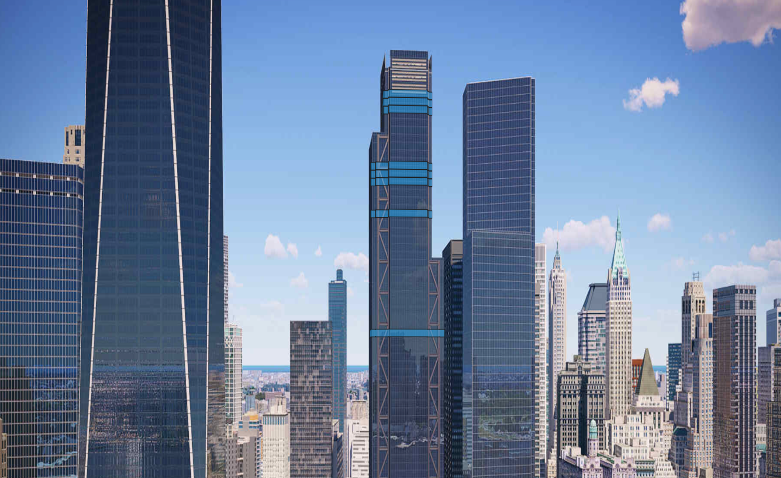 A cityscape with tall skyscrapers against a blue sky with scattered clouds.