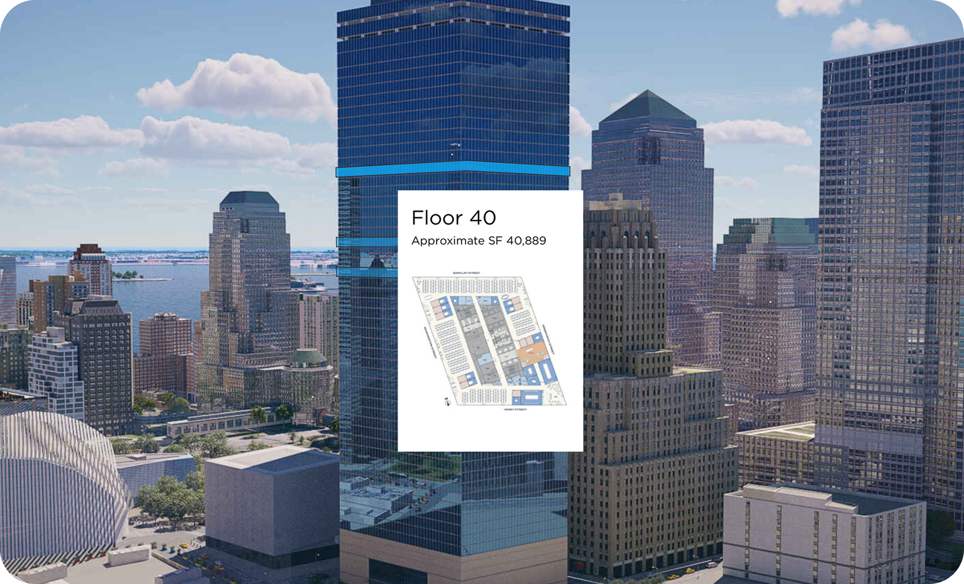 Skyline view of tall modern office buildings in New York City, with a rooftop diagram indicating the 40th floor and its approximate square footage of 40,889.