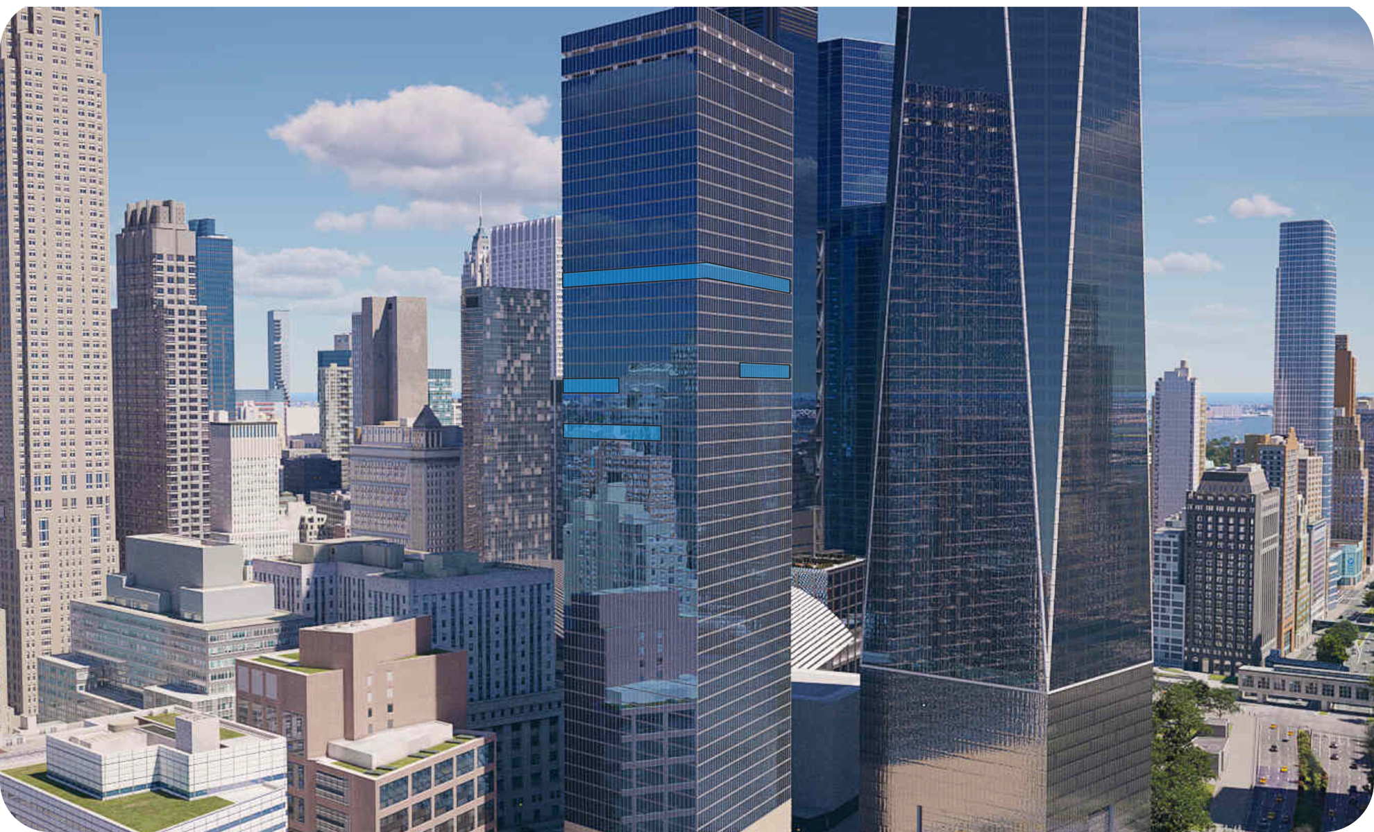 A city skyline featuring modern skyscrapers, including a tall, glass-covered building with blue accents, surrounded by other high-rise buildings under a partly cloudy sky.
