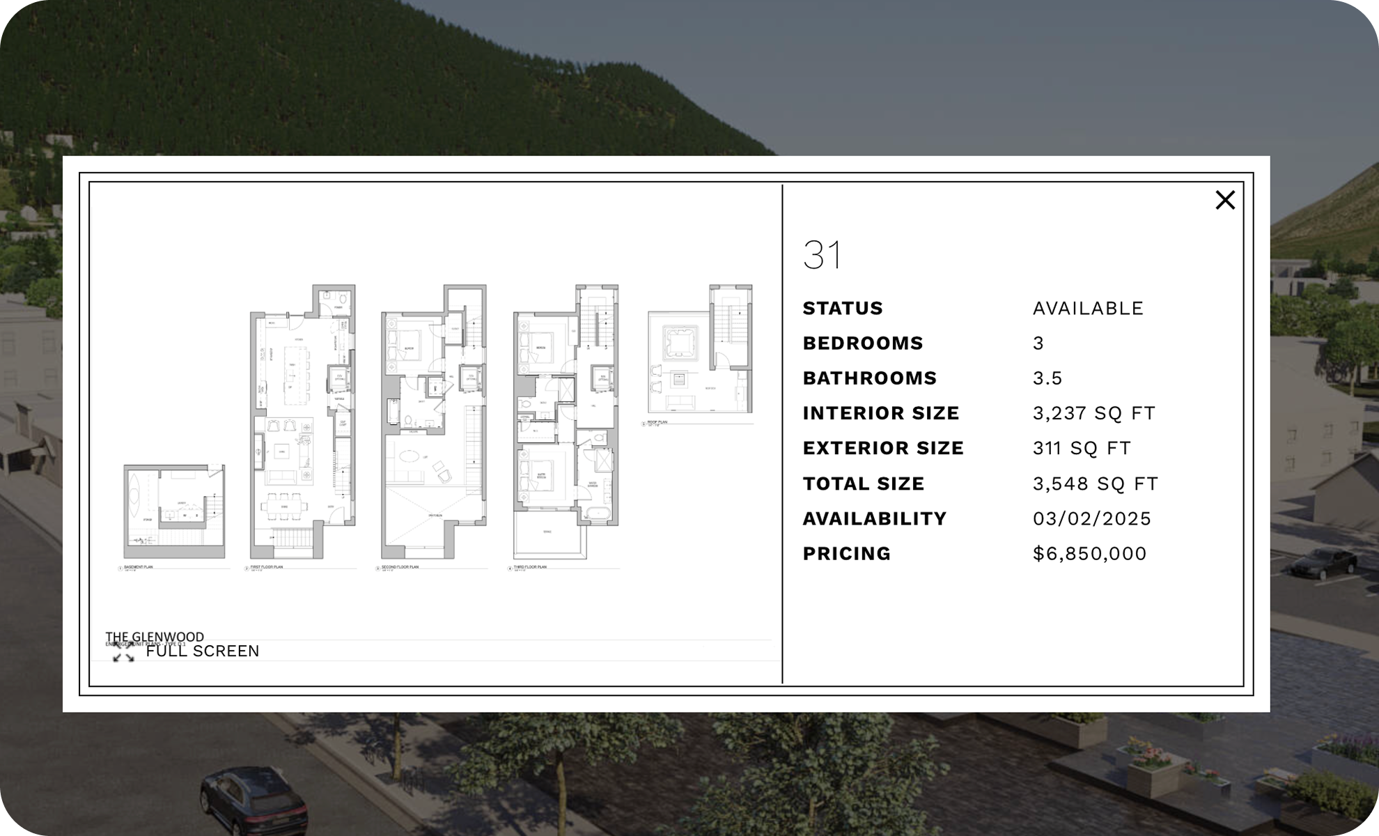 Floor plans and details for a residential property listing, including status, number of bedrooms and bathrooms, interior and exterior sizes, total size, availability, and pricing.
