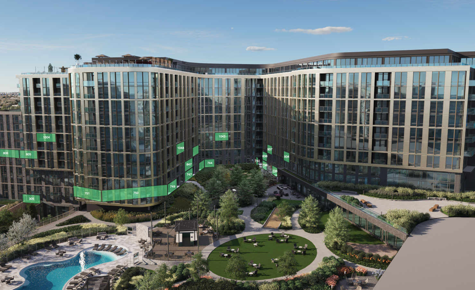 A modern multi-story apartment complex with glass windows, surrounding landscaped gardens, trees, walking paths, benches, and a small swimming pool.