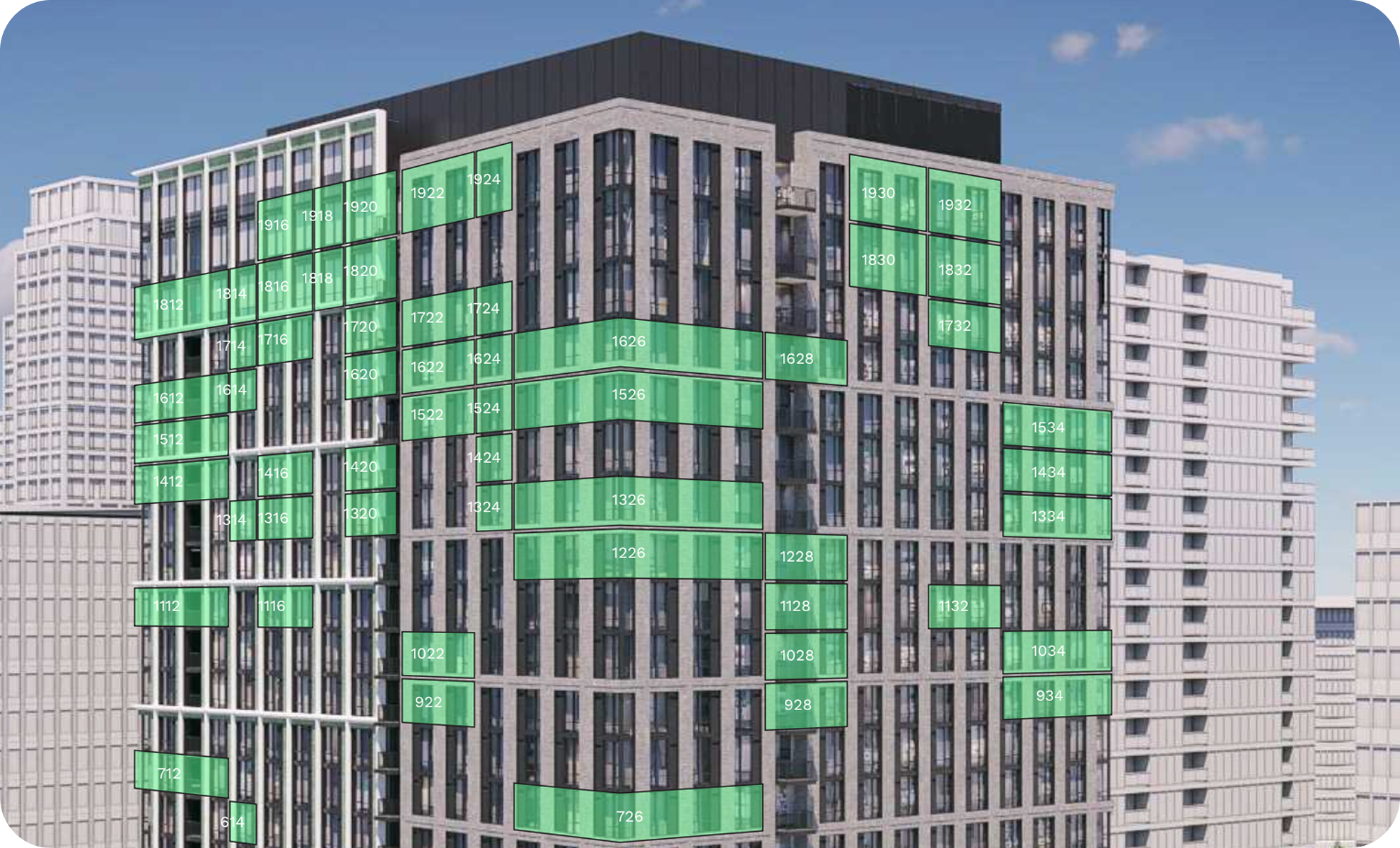 A multistory modern building with numbered green overlay zones indicating different sections or apartments, set against a blue sky with clouds.