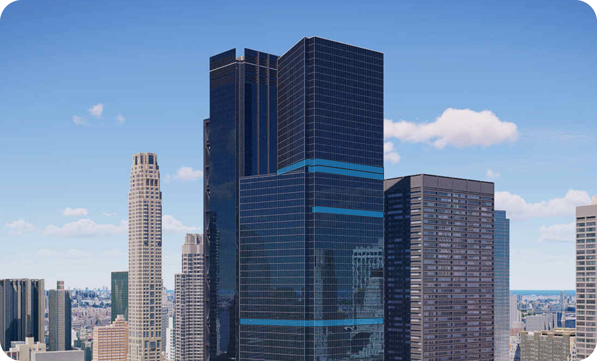 City skyline with tall modern skyscrapers under a blue sky with clouds.