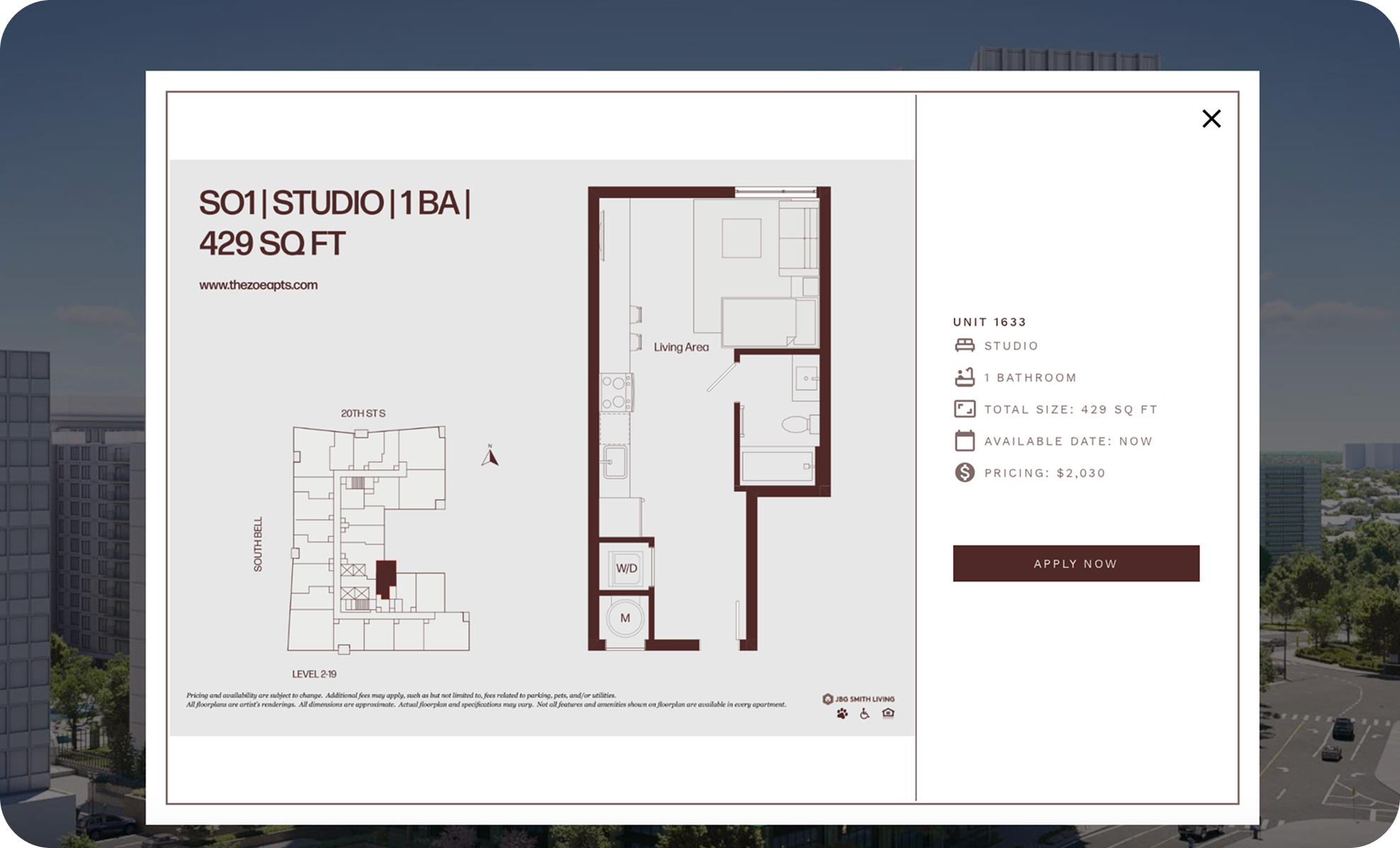 Floor plan of a studio apartment with one bathroom, 429 square feet in size, including a living area, kitchen, bathroom, and laundry space, with a side map indicating level 2-19 of a building.