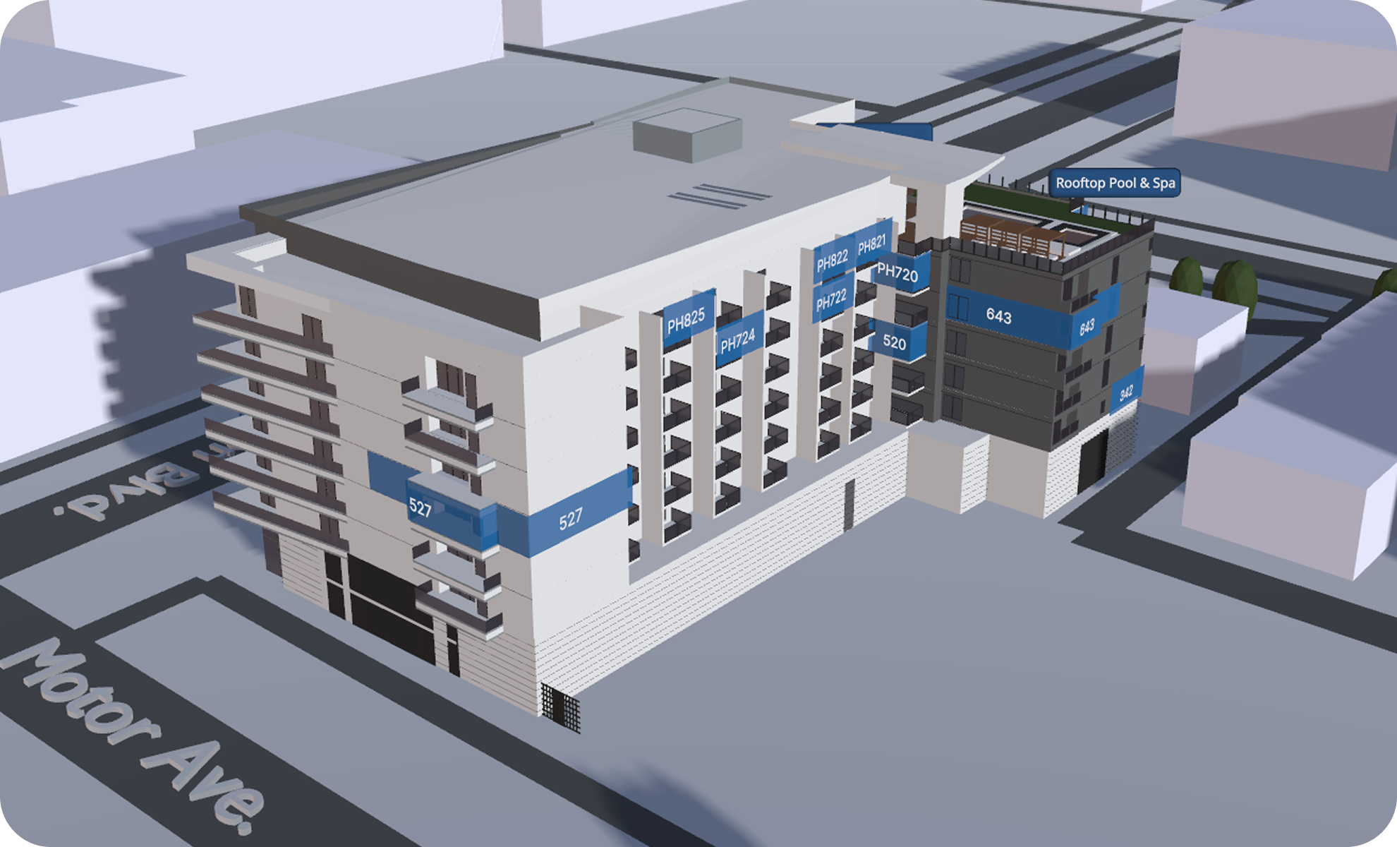A 3D architectural rendering of a modern multi-story building with labeled sections and balconies. The building is located at the intersection of 'BVCH' and 'Moor Ave.' Streets, with a rooftop pool and spa area visible on top.