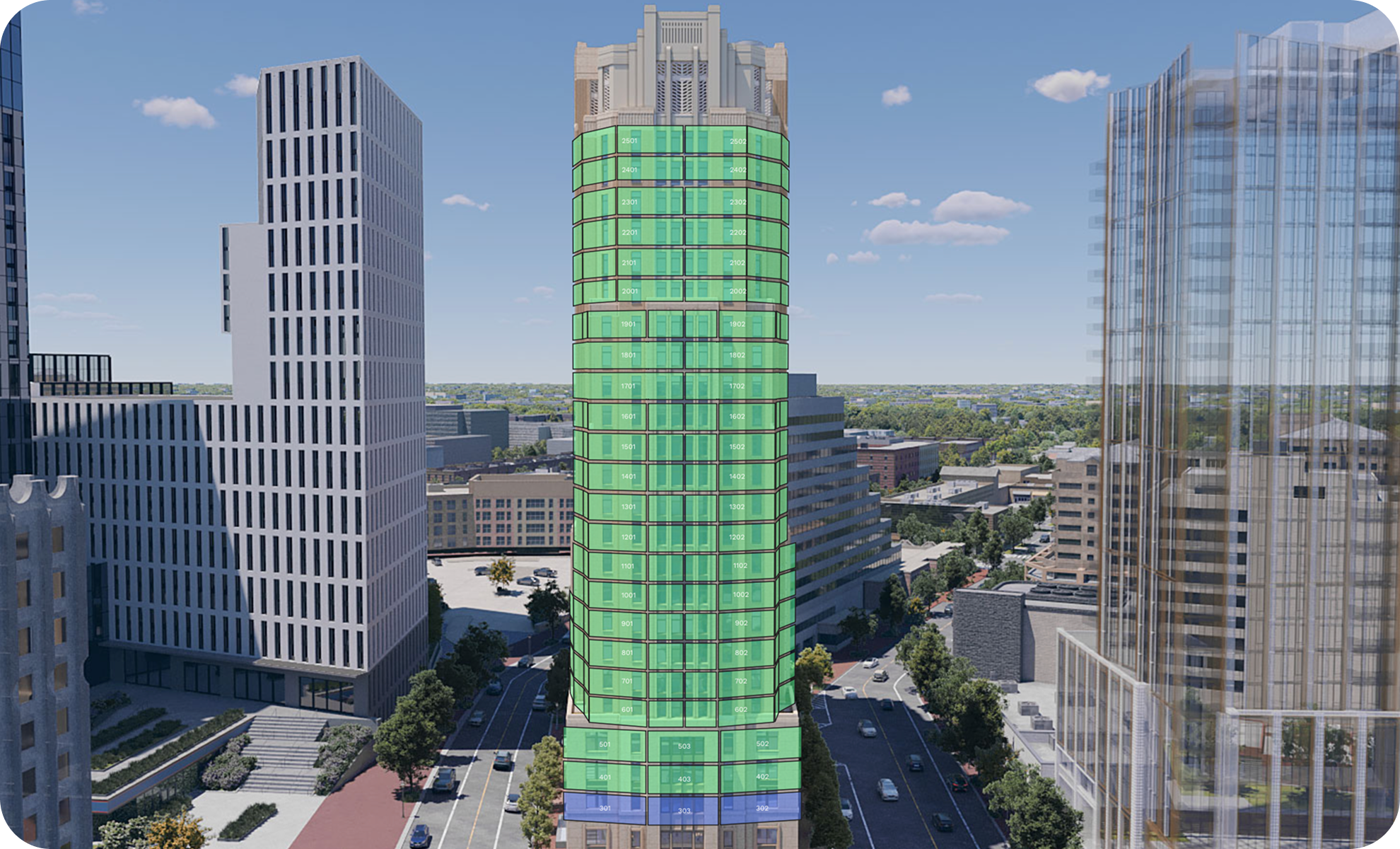 Digital rendering of a high-rise building in an urban area, with floor labels visible on each level.