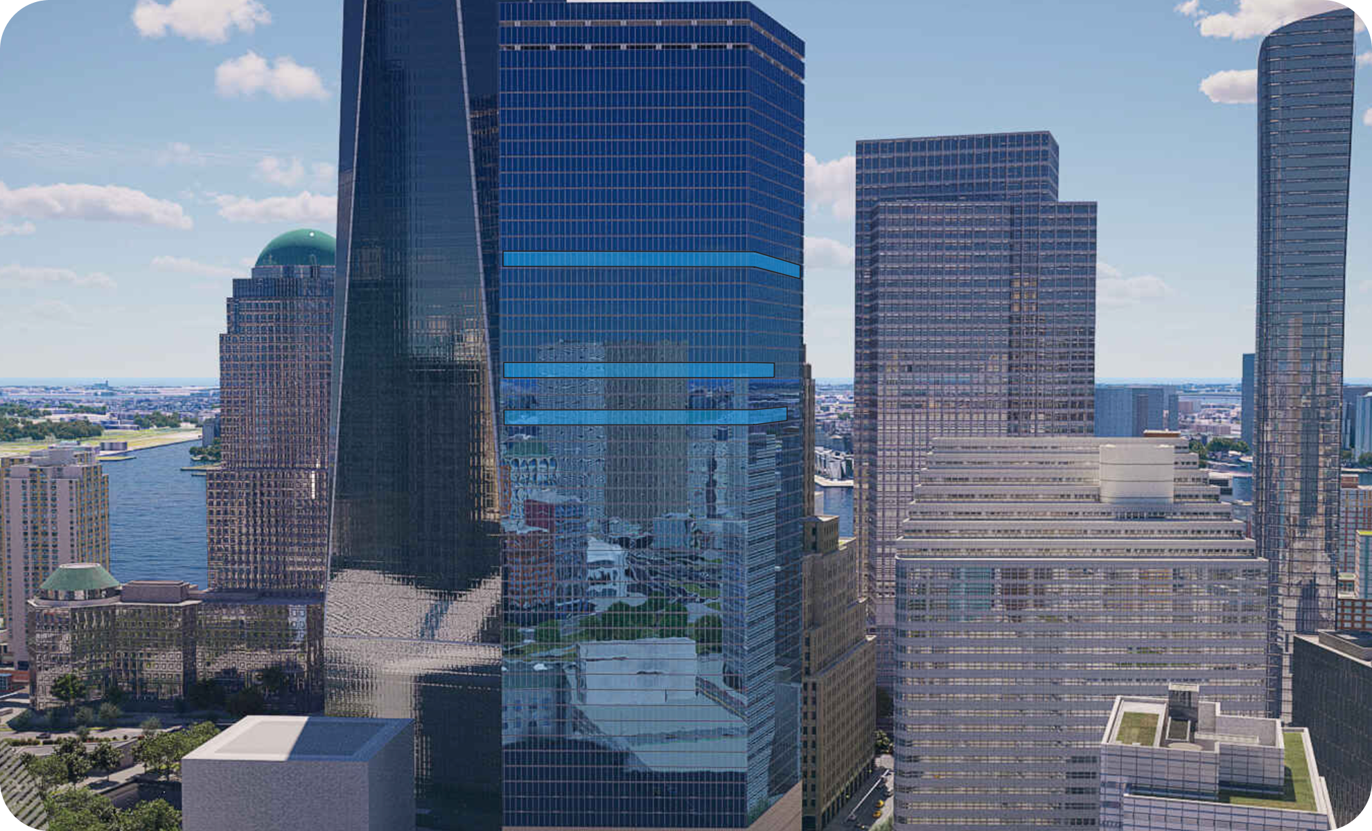 A cityscape with tall modern glass skyscrapers, a river running through the city, and a clear blue sky with some clouds.