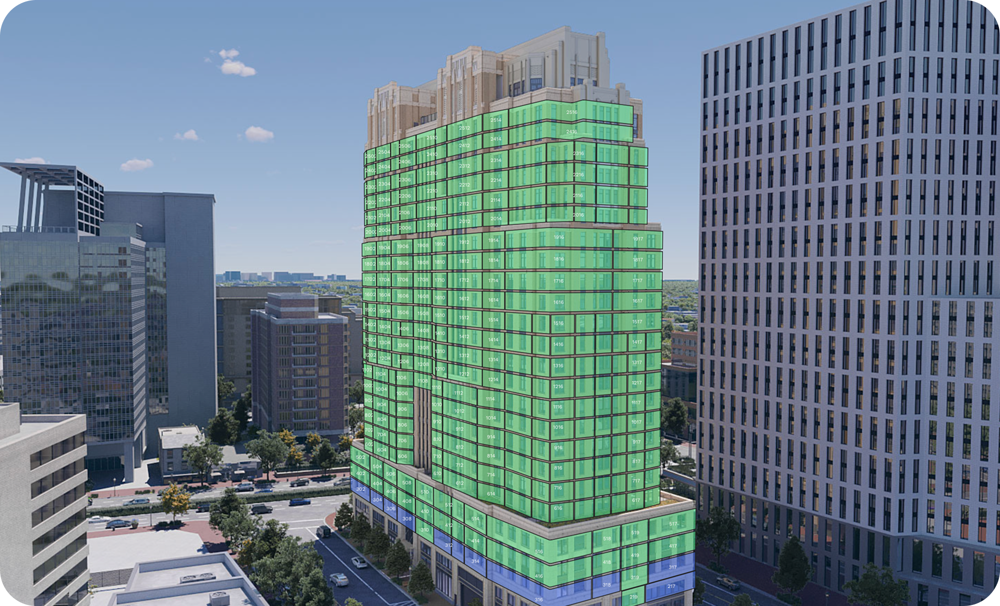 Graphic rendering of a tall modern high-rise building in a city with labeled floors and units, highlighted in green and blue, surrounded by other tall buildings and streets.