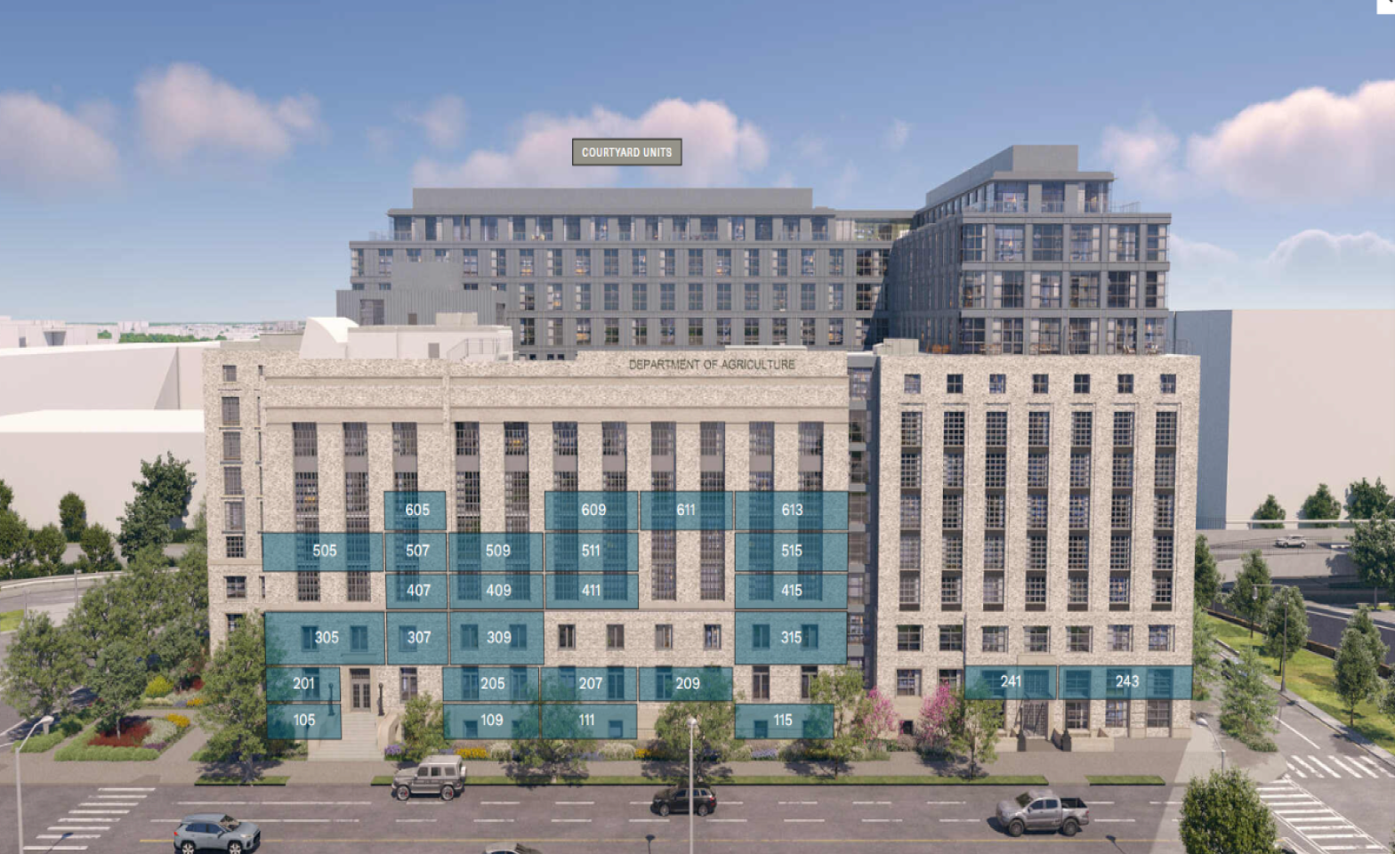 A computer-generated image of a building with labeled sections and apartment numbers, indicating residential and office spaces.