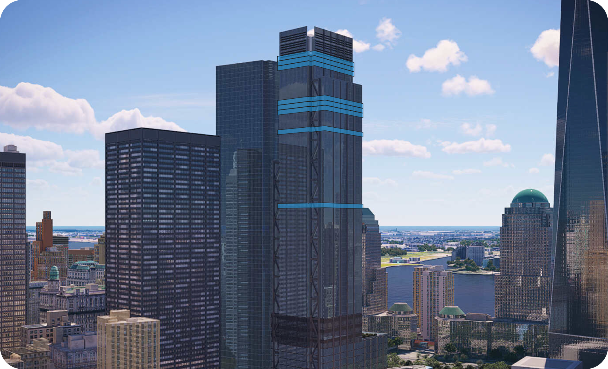 High-rise city skyline with modern skyscrapers, a river, and a blue sky with scattered clouds.