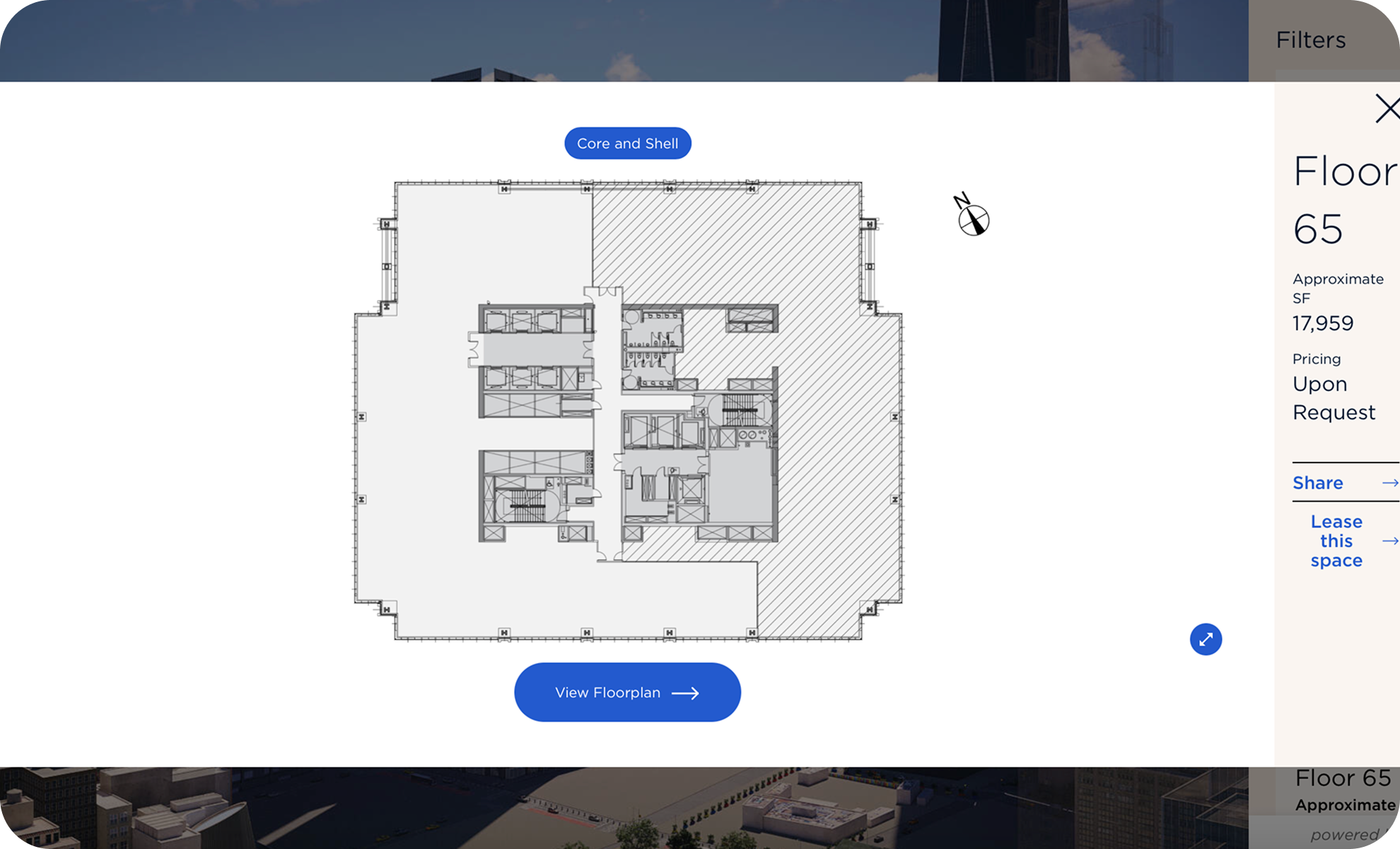 Floor plan of a building's 65th floor, showing various rooms and corridors with an elevator area, restrooms, and mechanical spaces, labeled with a blue button for viewing the full floor plan.