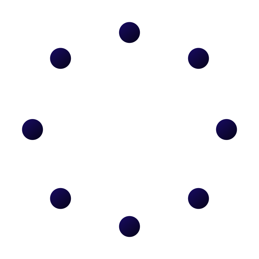 Close-up of a circular arrangement of nine dark blue dots on a black background, with a partial white border forming a circular shape.