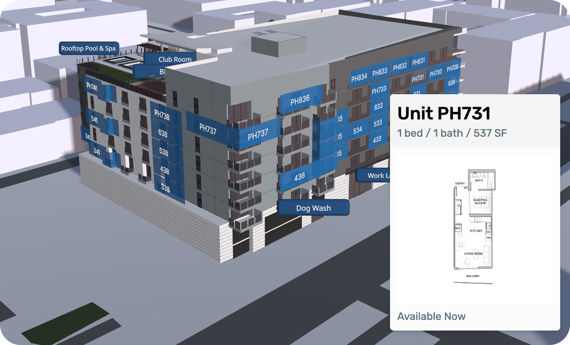 3D model of a multi-story residential building with labels indicating various apartment units, amenities like rooftop pool & spa, club room, dog wash, and work lounge, along with a floor plan for Unit PH731.