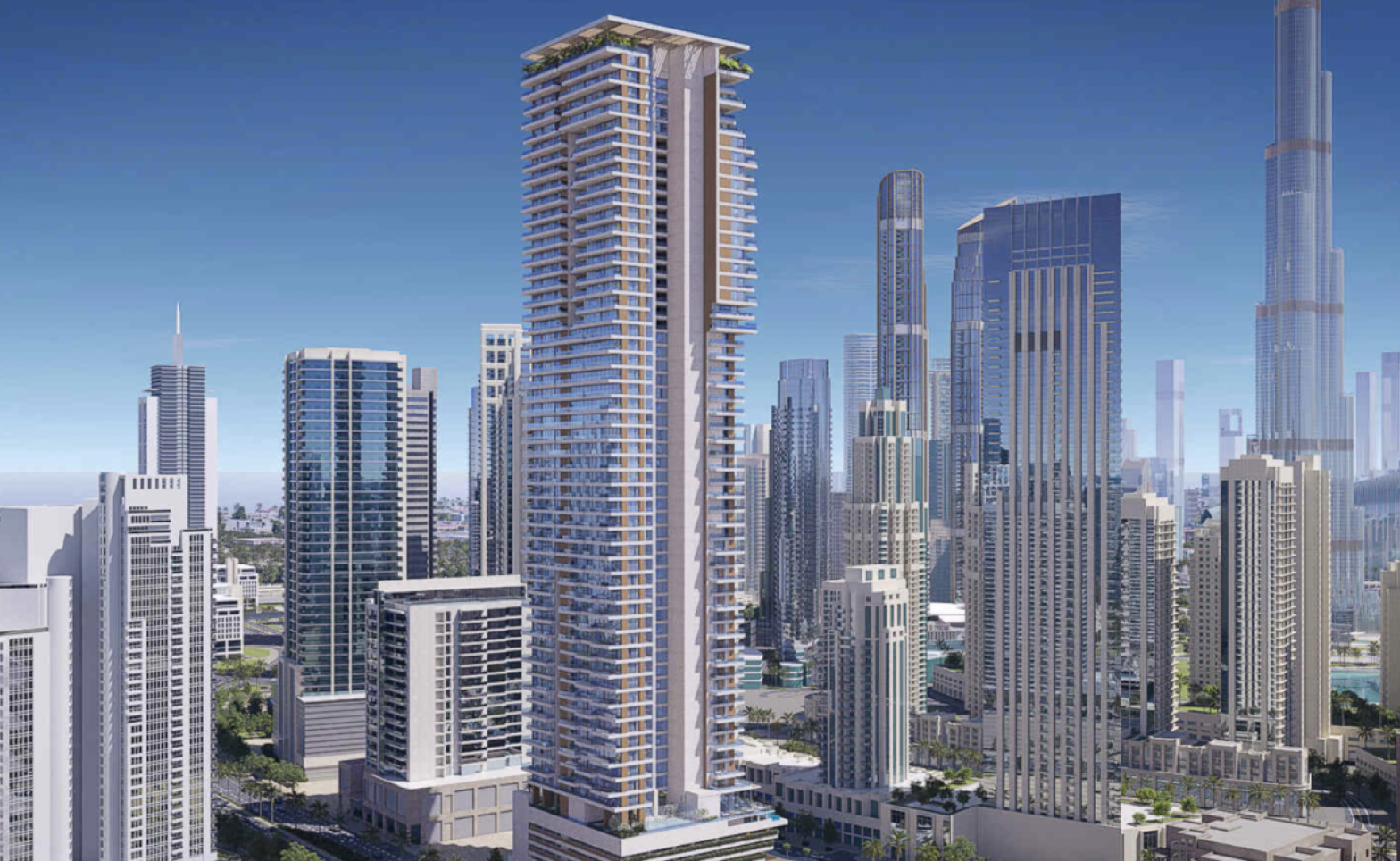Perspective view of a modern high-rise apartment building towering among other skyscrapers in a city skyline under a clear blue sky.