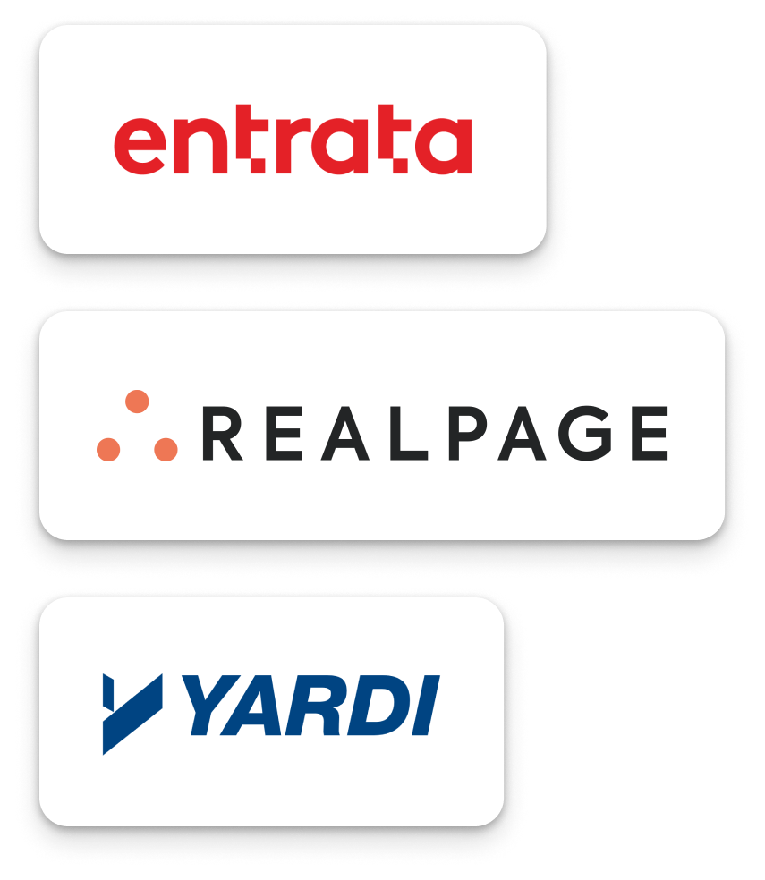 Three signs, top sign says 'entra' in red, middle sign says 'REALPAGE' with three orange dots, bottom sign says 'YARDI' in blue.