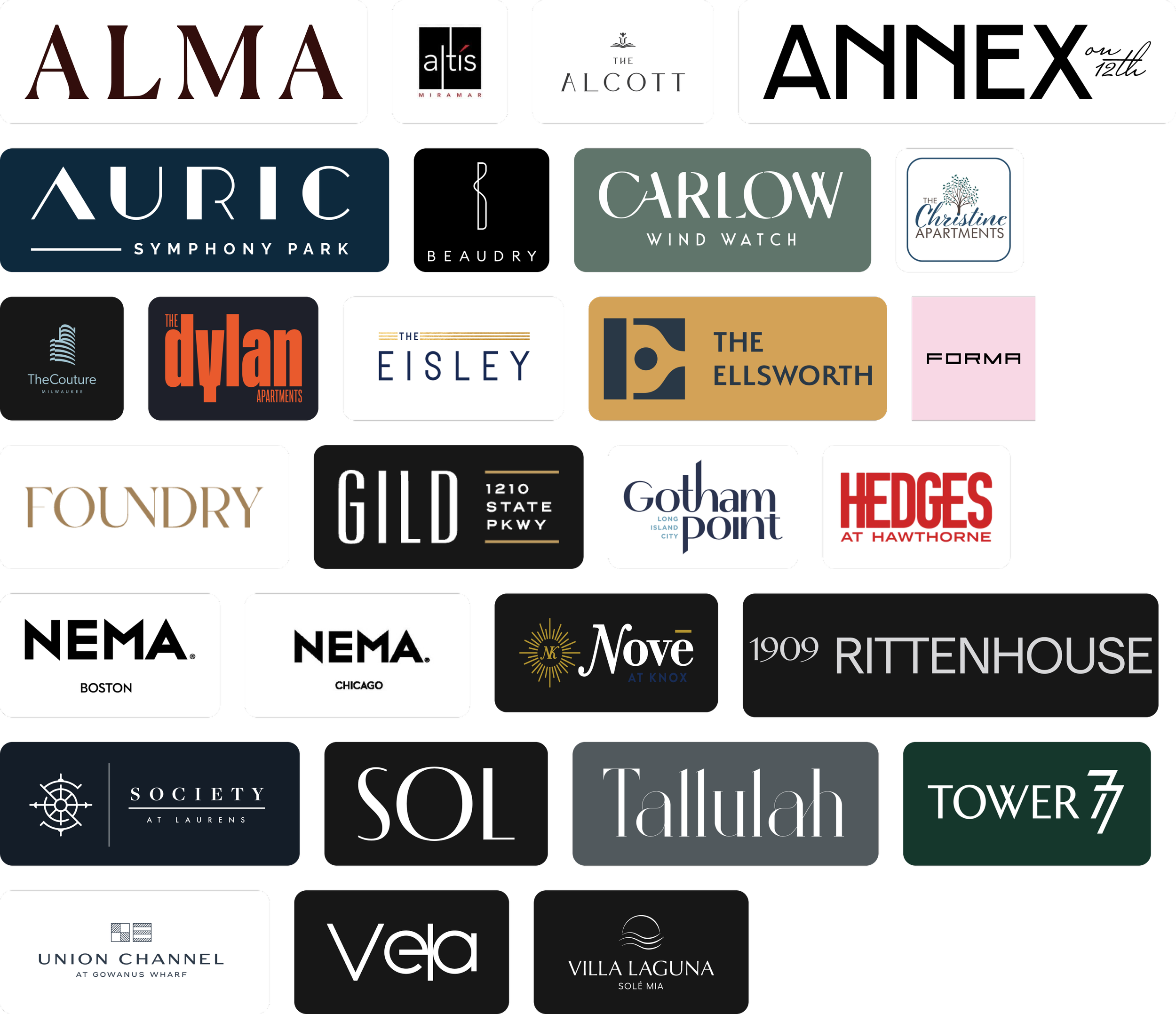 A collection of logos for various buildings, apartments, condos, and real estate properties including Alma, Altis Miramar, The Alcott, Annex, Auric Symphony Park, Beaudry, Carlow Wind Watch, The Christine Apartments, The Couture Milwaukee, The Dylan Apartments, The Eisley, The Ellsworth, Forma, Foundry, Gild 1210 State Street, Gotham Long Island City, Hedges at Hawthorne, NEMA Boston, NEMA Chicago, Nove at Knox, 1909 Rittenhouse, Society at Laurens, SOL, Tallulah, Tower 7, Union Channel at Gowanus Wharf, Vela, Villa Laguna Sol Mía, and others.
