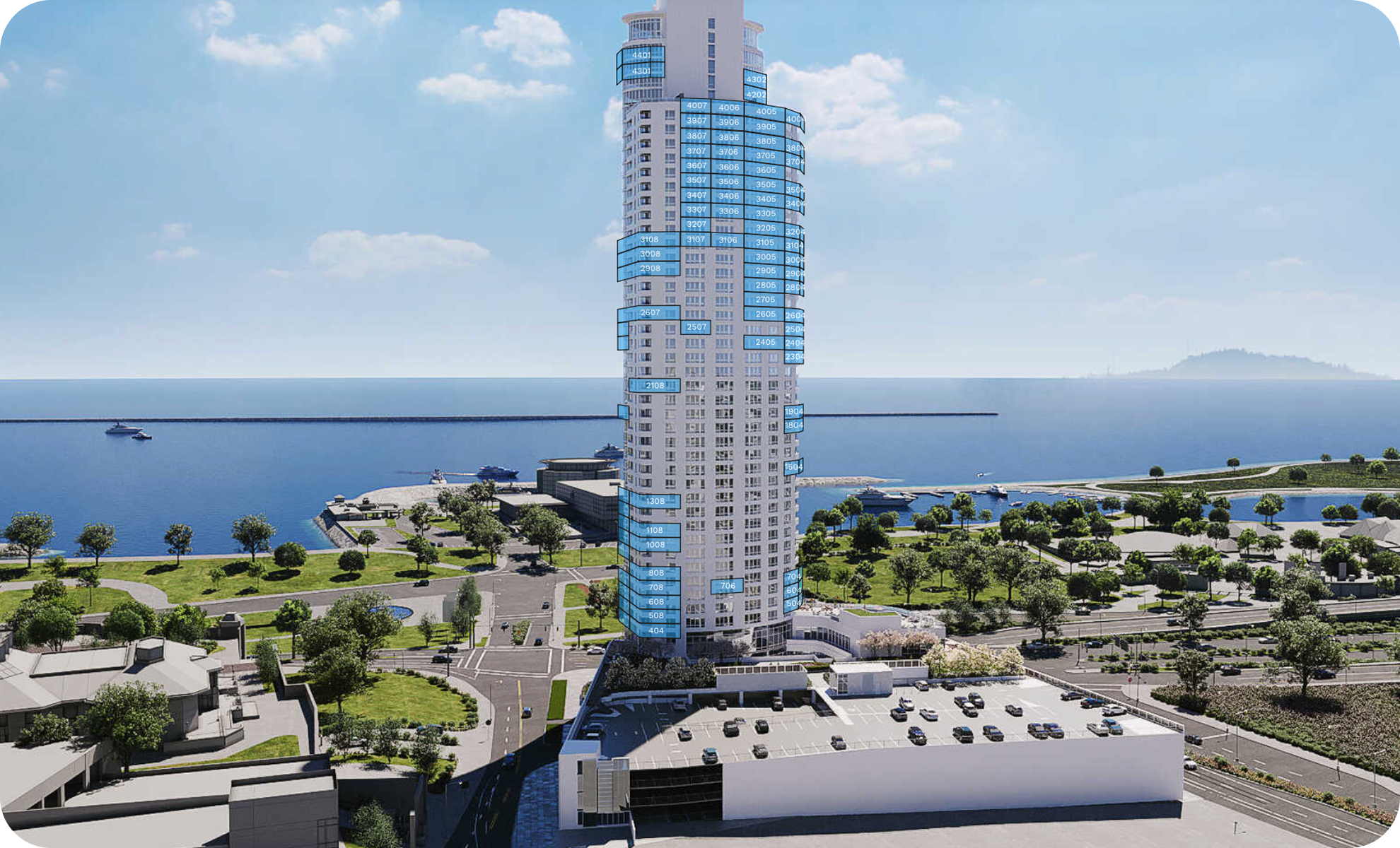 Rendering of a modern high-rise building with numbered blue stress test zones marked on its exterior in front of a water body with boats and a park area with trees.